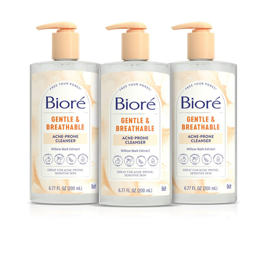 Biore Gentle & Breathable Acne Face Wash, Gentle Face Cleanser for Sensitive and Acne Prone Skin, Infused with Willow Bark Extract to Clarify Skin, Fragrance Free, 6.77 Oz , Pack of 3