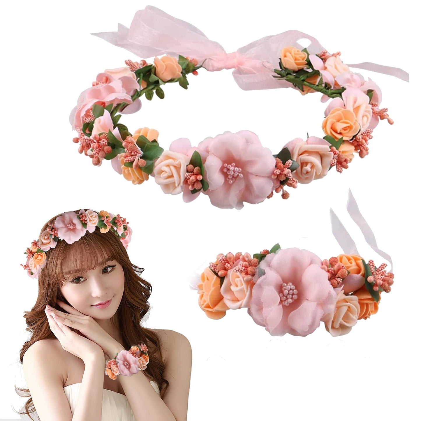 Lopsity Women Rose Floral Flower Crown Headband Rose Halo Wreath Wedding Bridal Hair Garland Ajustable Flower Hair Wreath (style3-pink)