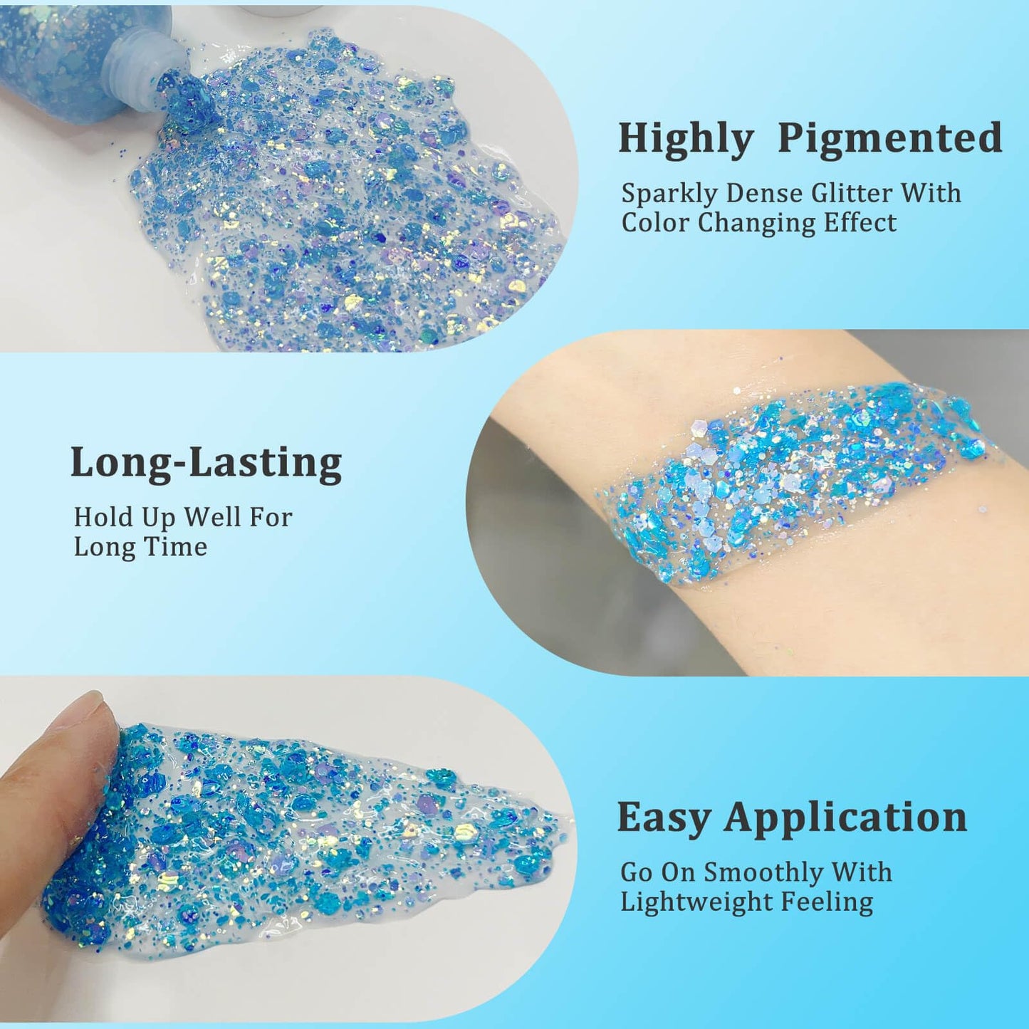 MEICOLY Chameleon Mermaid Blue Body Glitter,Chunky Face Glitter Paint,Color Changing Mermaid Face Glitter Gel,Holographic Glitter Sequin for Face Body Hair,Festival Party Cheer Glitter Makeup,50ml