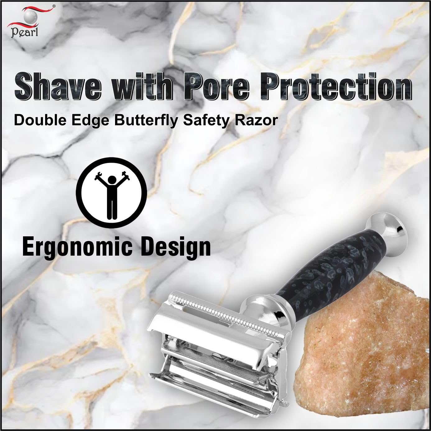 Pearl Shaving Double Edge Safety Razor (SS-95 Marble Black) | Proudly Made In India | Brass Metal With Premium Chrome Plating | Classic And Traditional Safety Razor | Butterfly Safety Razor | 10 Platinum Coated Double Edge Safety Razor Blade Refills