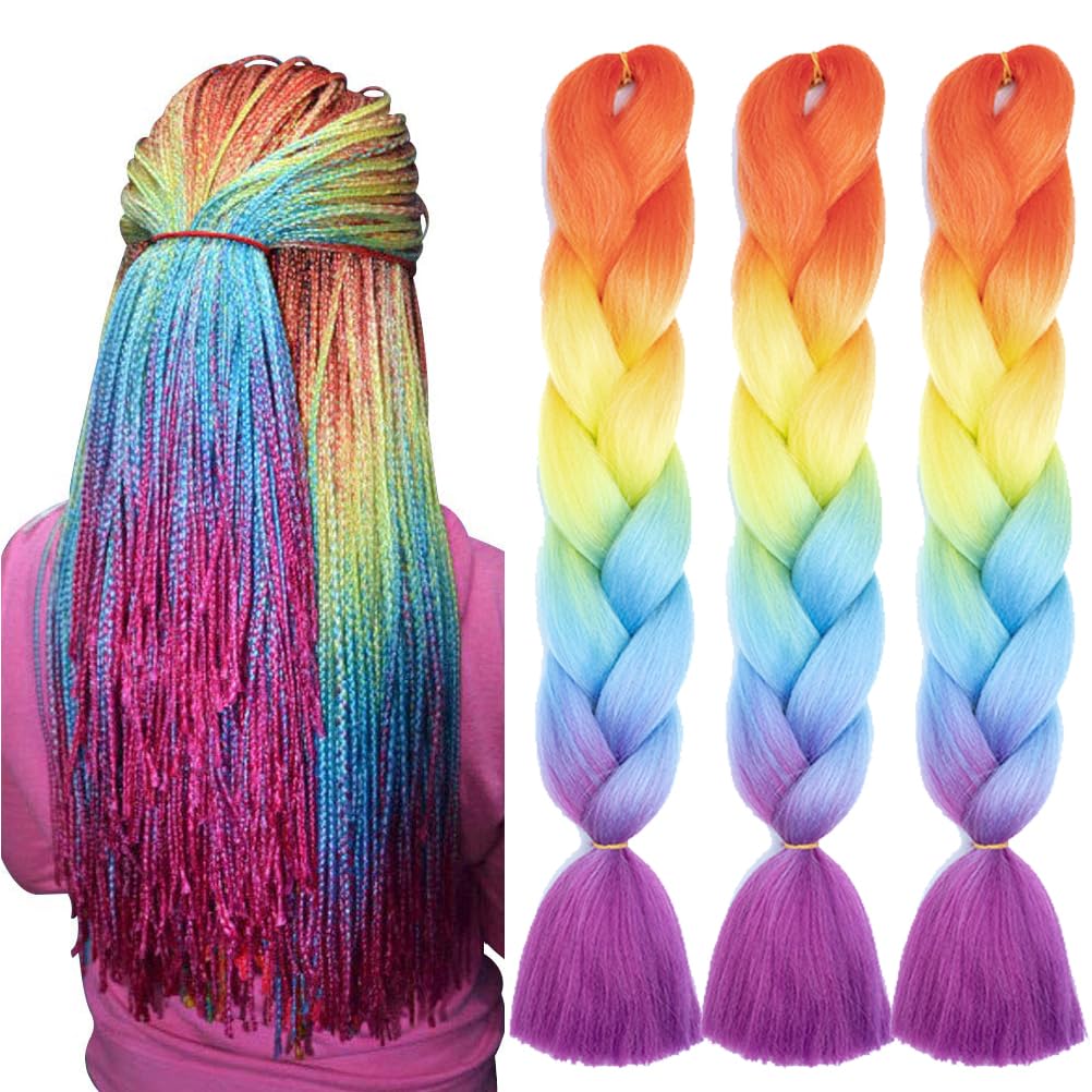 Xiaofeng Colorful Ombre Braiding Hair Extensions 24 Inch 3 Packs High Temperature Jumbo Crochet Braiding Hair for Box Twist Braids (24 Inch (Pack of 3), Orange to Yellow to Blue to Purple)