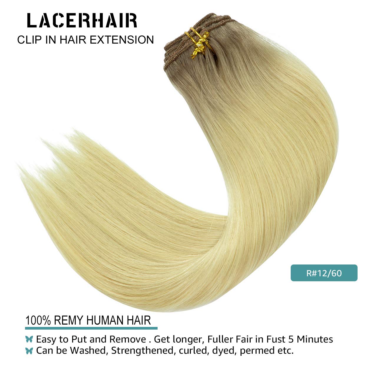 Lacer Real Human Hair Extensions Clip Ins Platinum Blonde with Lightest Brown Roots 120G with 16 Clips 7Pcs Lace Clip in hair 14 Inch