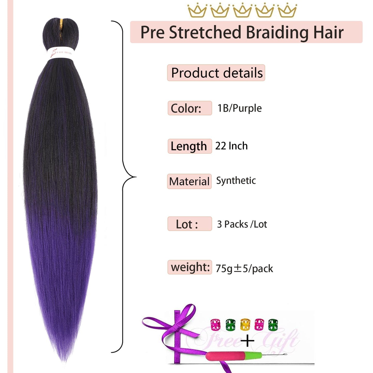 TPurple Braiding Hair 22 Inch Premium Pre Stretched Braiding Hair 3 Packs Professional Prestretched Hair for Braiding Hot Water Setting Crochet Braid Yaki Straight Purple Braiding Hair Pre stretched