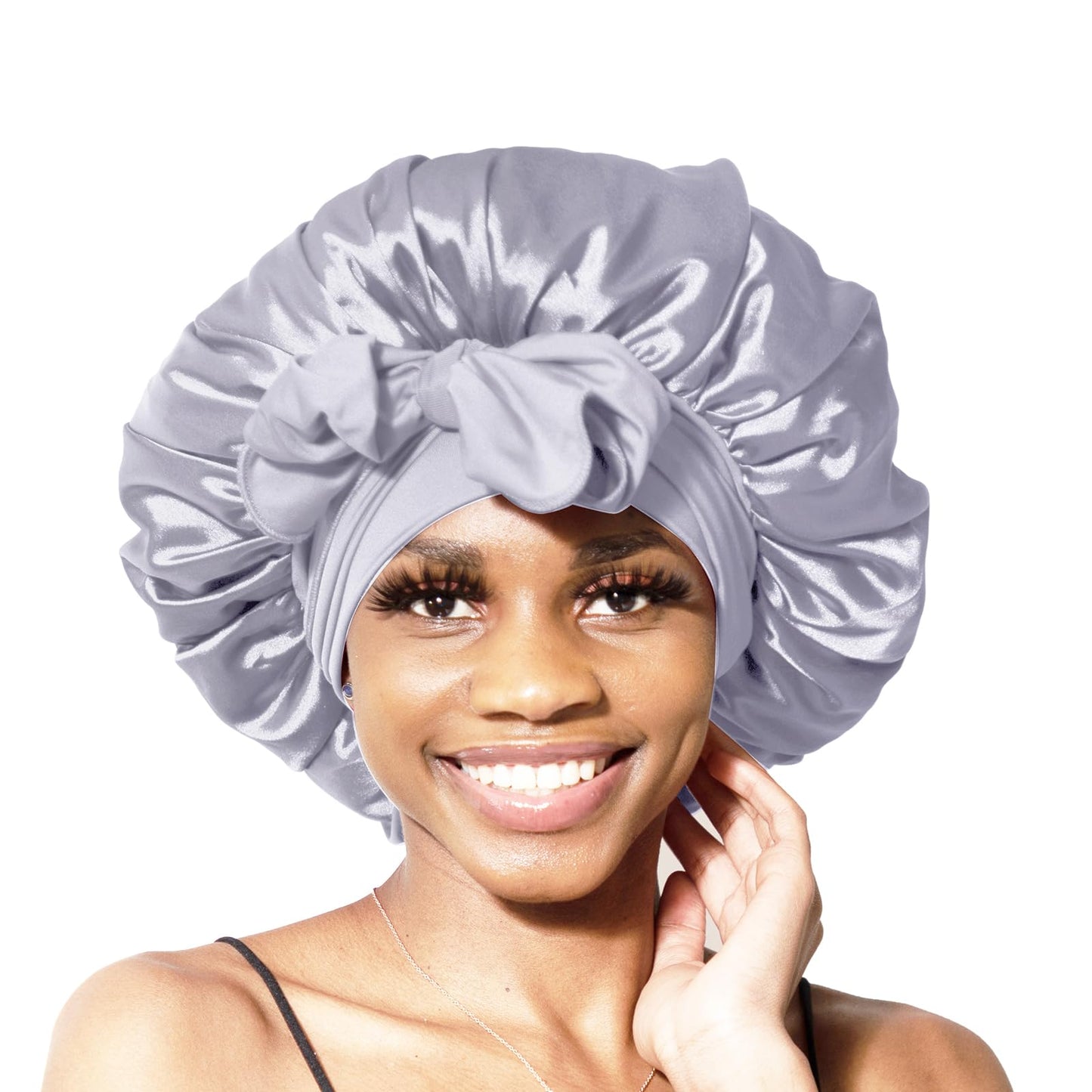 BONNET QUEEN Silk Bonnet for Sleeping Women Satin Bonnet Hair Bonnet Night Sleep Cap Scarf wrap for Curly Hair with tie Band Silver Grey