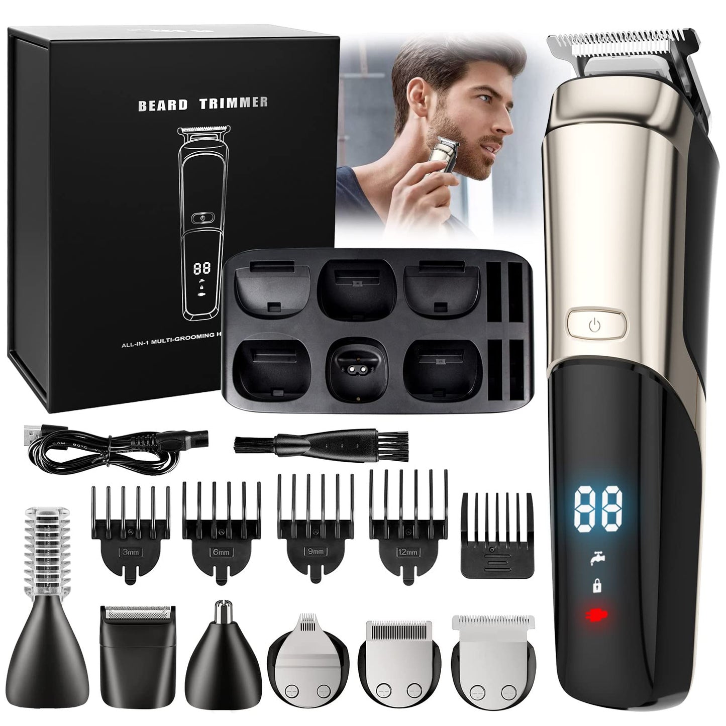 Beard Trimmer, Cordless Hair Clippers for Men Body Hair Trimmer, Mustache Nose Facial Cutting Groomer, Waterproof Electric Shaver 11 in 1 Grooming Kit, USB Rechargeable & LED Display 1.0 Count