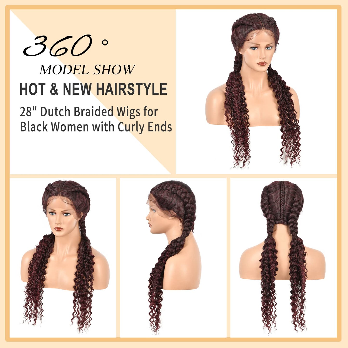 Brinbea 28" Braided Wigs Lace Front Dutch Box Braid Wigs with Baby Hair for Women Premium Human Hair Blended Lace Front Mix Black Burgundy Box Braided Wig with Curly Ends