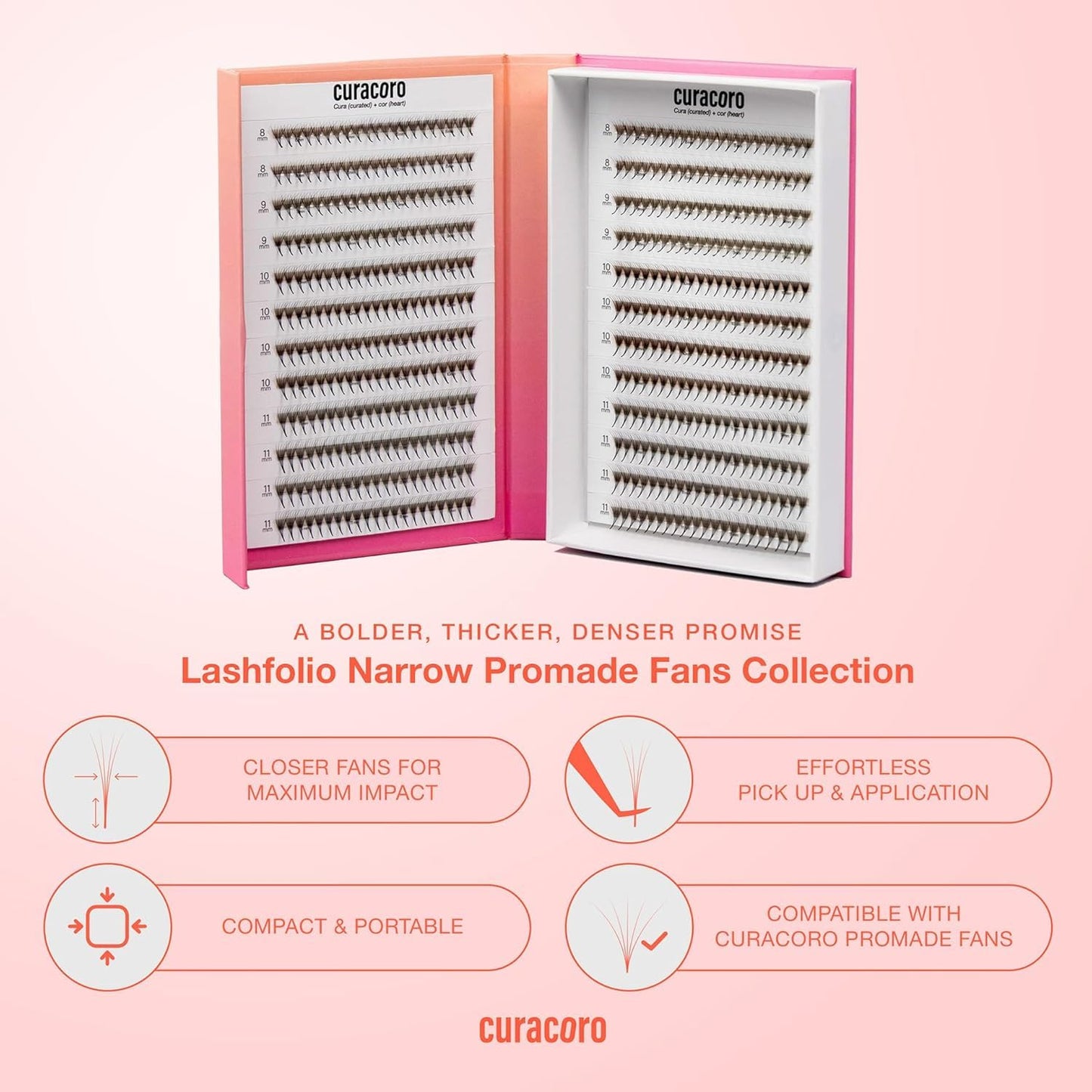 Curacoro LashFolio Narrow Promade Fans, Handmade Volume Eyelashes, 5D~10D, C CC D Curl, Thickness 0.03~0.07mm, 8-15mm Length, Professional Long-Lasting Promade Lash Fans (6D-0.07 CC, 8mm-11mm)