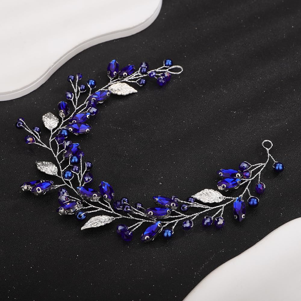 Teyglen Crystal Bride Wedding Hair Vine Bridal Silver Leaf Blue Crystal Headband Handmade Blue Red Black Rhinestone Pearl Hair Pieces Headpieces Hair Accessories for Bride Women Girls (Blue)