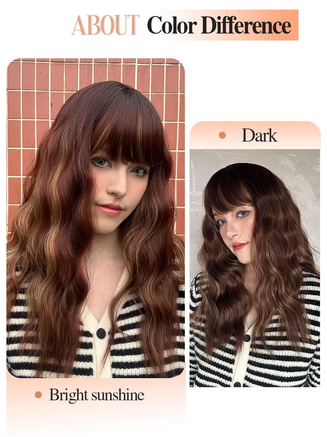 Fancy Hair Brown Highlight Wig With Bangs Medium Length Wavy Wig Synthetic Brown Mixed Blonde Natural Looking Wig With Bangs for Women Daily Party Use 18 Inch