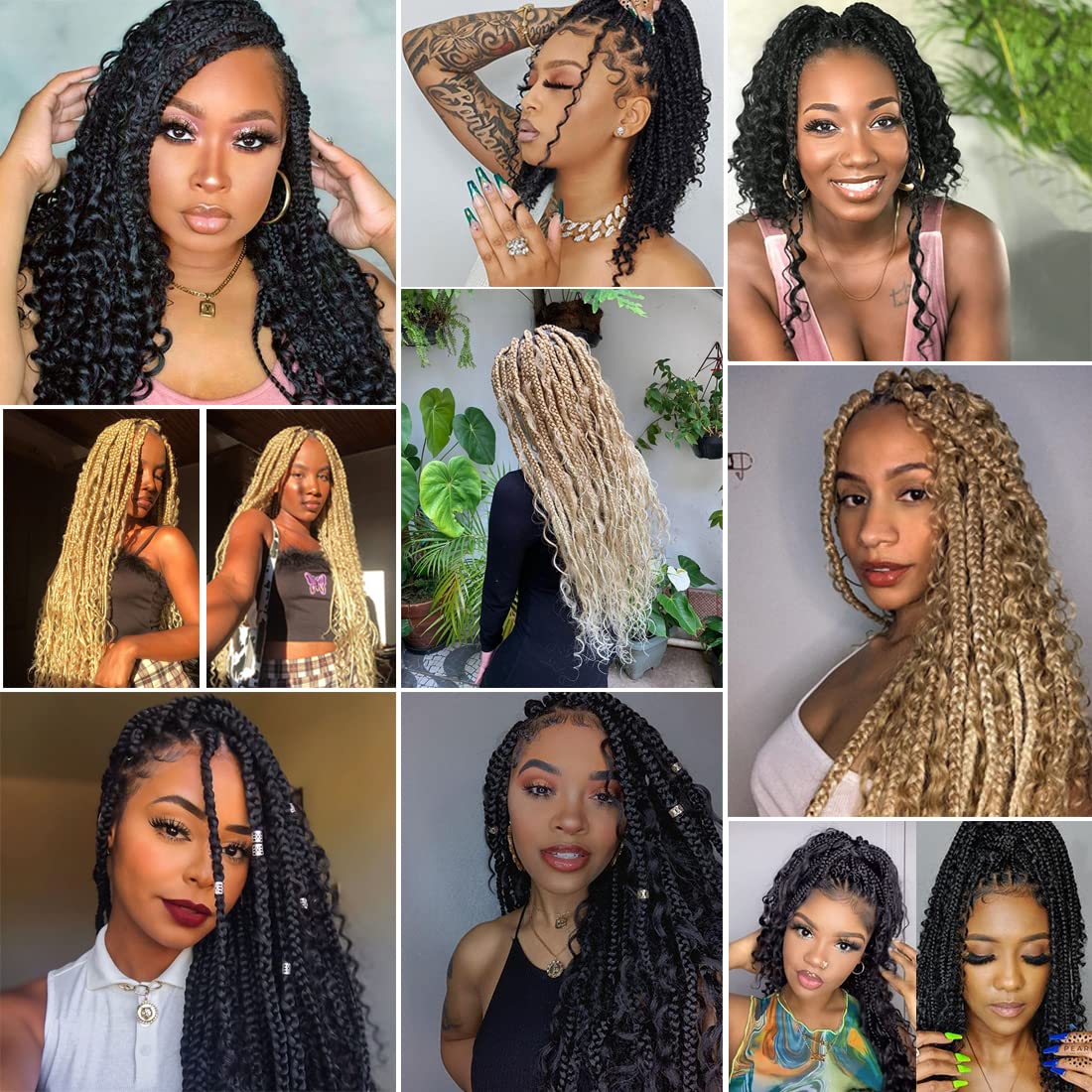 COOKOO 14 Inch Boho Box Braids 8 Packs Goddess Box Braids Crochet Hair Bohemian Hippie Braiding Hair With Curly Ends Messy Pre-looped Synthetic Crochet Hair for Black Women 128 Strands (Pink#)