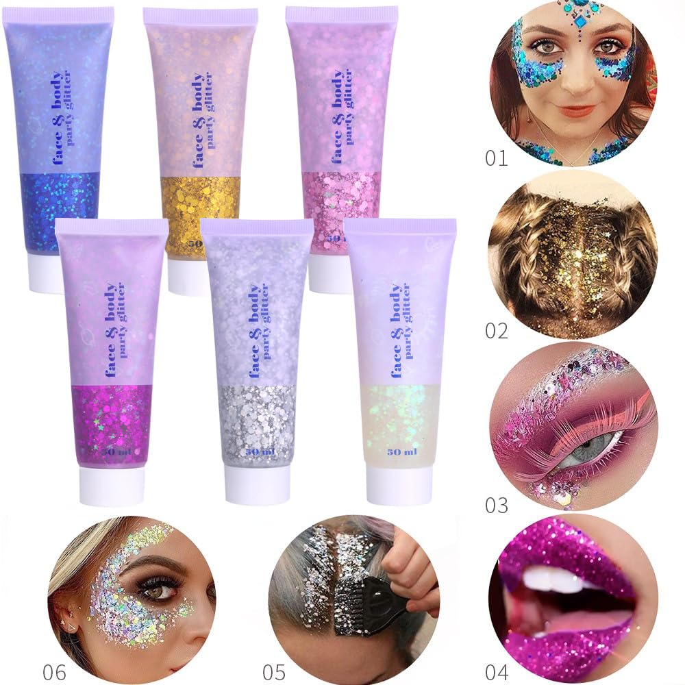 3 Color Body Glitter Gel, Neon Outfit Glow Party for Face and Body Hair Face Nail Glitter Stick Makeup. (02-Gold &03-Pink&05-Silver)