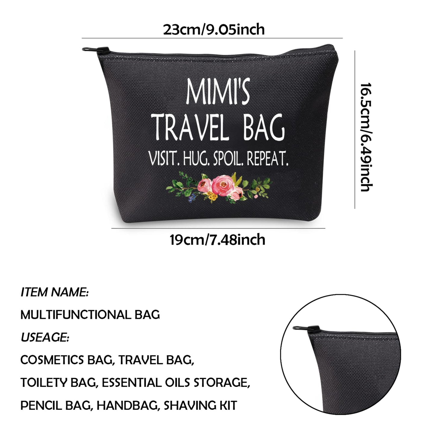 WCGXKO Mimi Gift Mimi Mother's Day Gift Grandma Birthday Gift Travel Gift Cosmetics Bag (MIMI'S TRAVEL black)