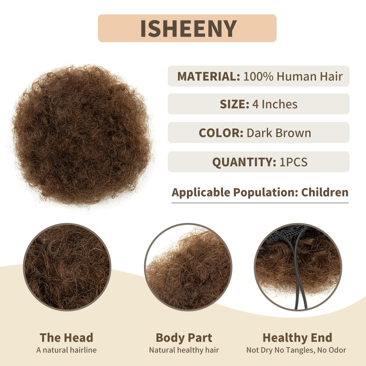 isheeny Small Human Hair Ponytail Extension For Kids 2-5 Years Old, Brown Human Hair Bun Small Drawstring Ponytail For Little Girls, Curly Hairpiece Natural, Soft, And Durable For Repeated Use