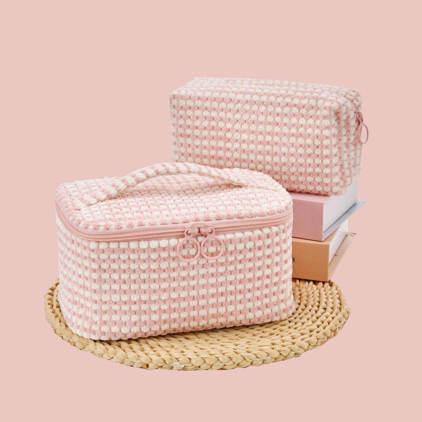 Yunhuy 2PCS Makeup Bag Comfy Cosmetic Bag Set for Women Girls,Large Capacity Travel Makeup Pouch,Toiletry Bag,Portable Makeup Organizer with Double Zipper (Pink)