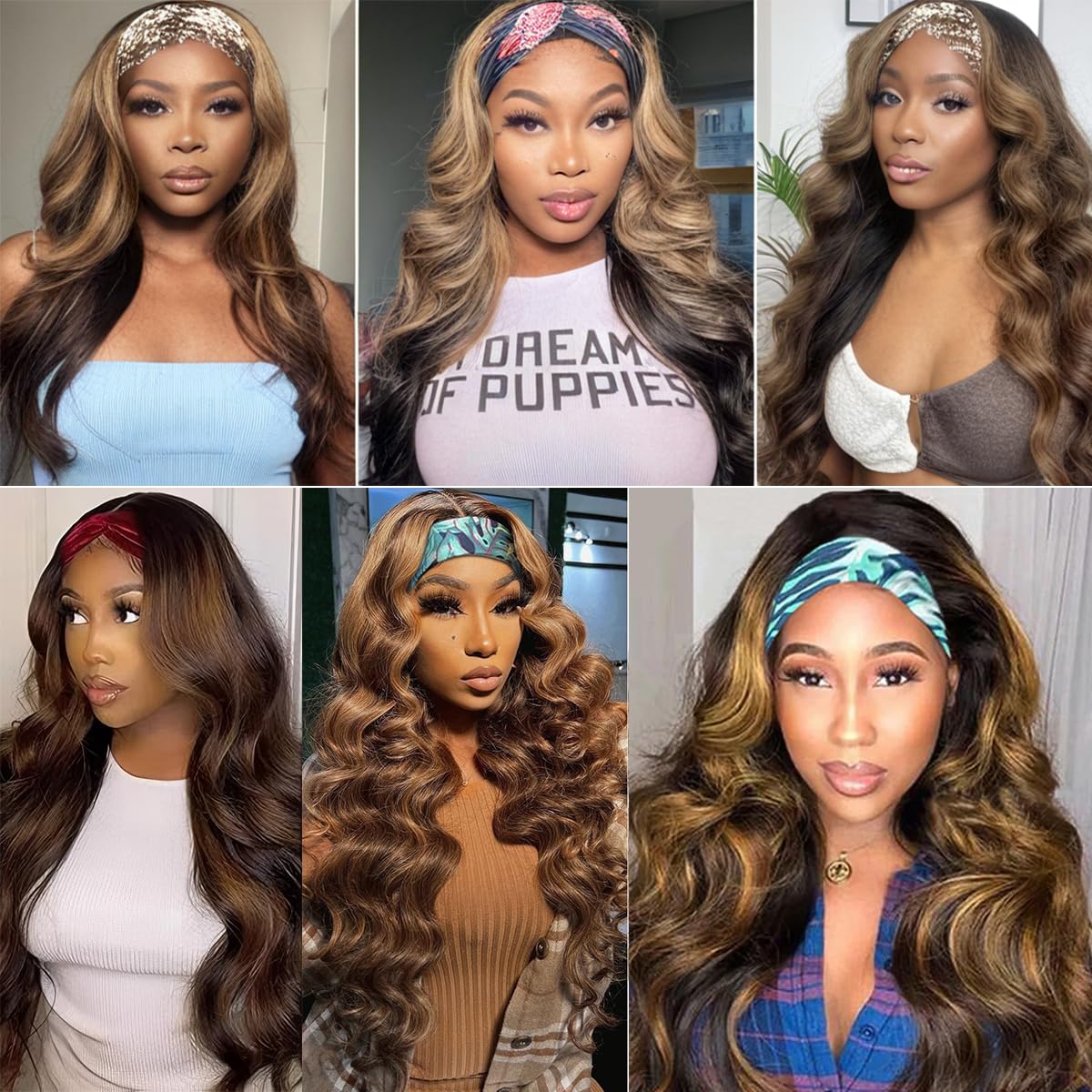 olimaruly Highlight Ombre Headband Wig Human Hair Body Wave Wigs 20 inch None Lace Front Wig Human Hair Glueless Wigs Body Wave Headband Half Wigs for Black Women 150% Density Honey Blonde