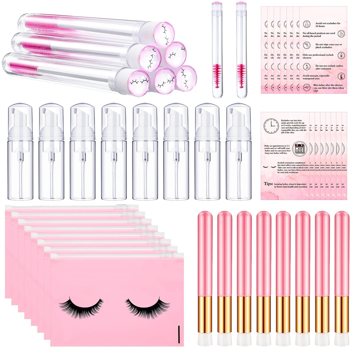 8 Pcs Lash Shampoo Brushes Set Eyelash Aftercare Bag Disposable Mascara Tubes Foam Pump Bottle Extension Aftercare Instructions Cards Eyelash Accessories for Women Mother's Gift(Zippered Bag, EVA)