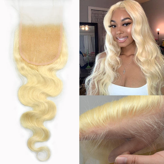 BLUPLE 613 Blonde 5x5 Lace Closure Body Wave Brazilian Virgin Human Hair Free Part with Baby Hair Bleached Knots Pre Plucked Natural Hairline 16 Inch