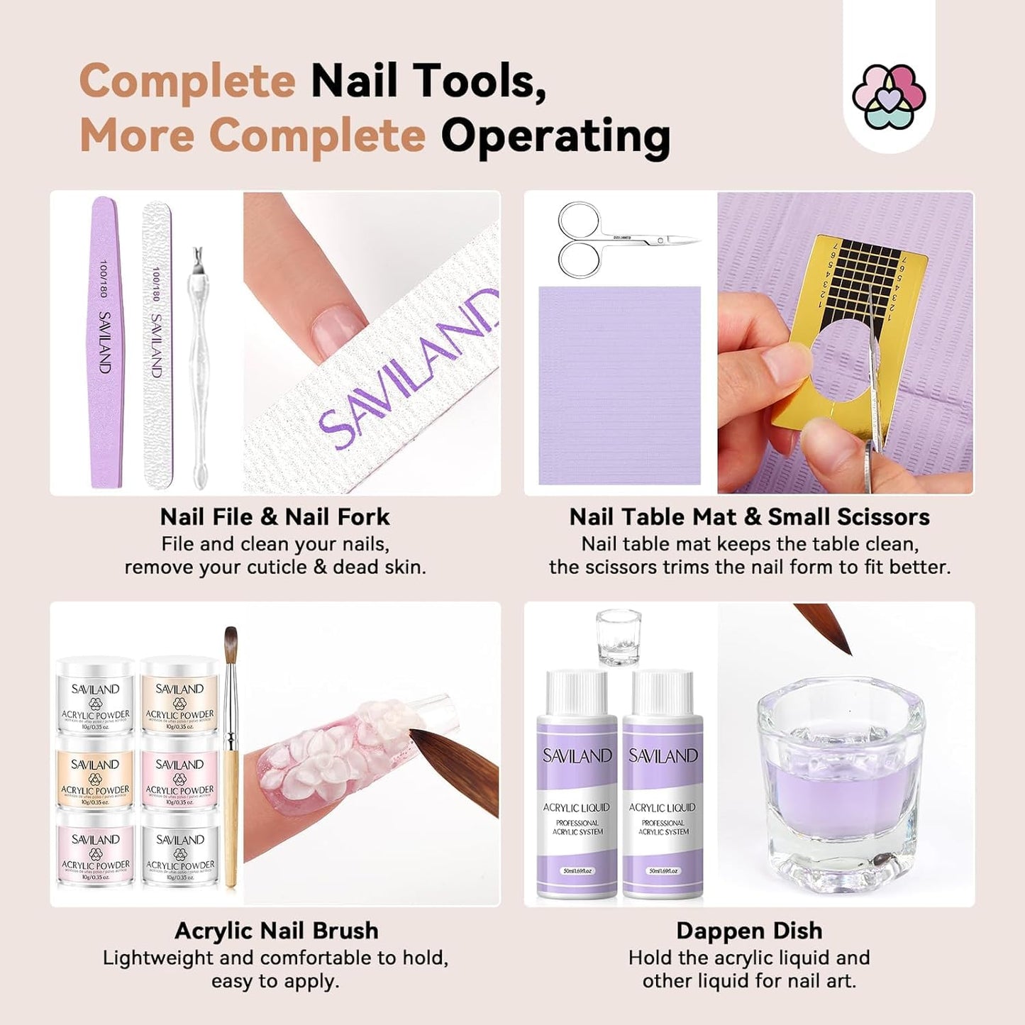 SAVILAND Beginner Acrylic Nail Kit with Everything 100% Essential Oil - 6 Colors Acrylic Powder Nail Starter Kit with Glue Nail Tips Practice Mat Acrylic Nail Kit for Home Practice DIY Nail Extension