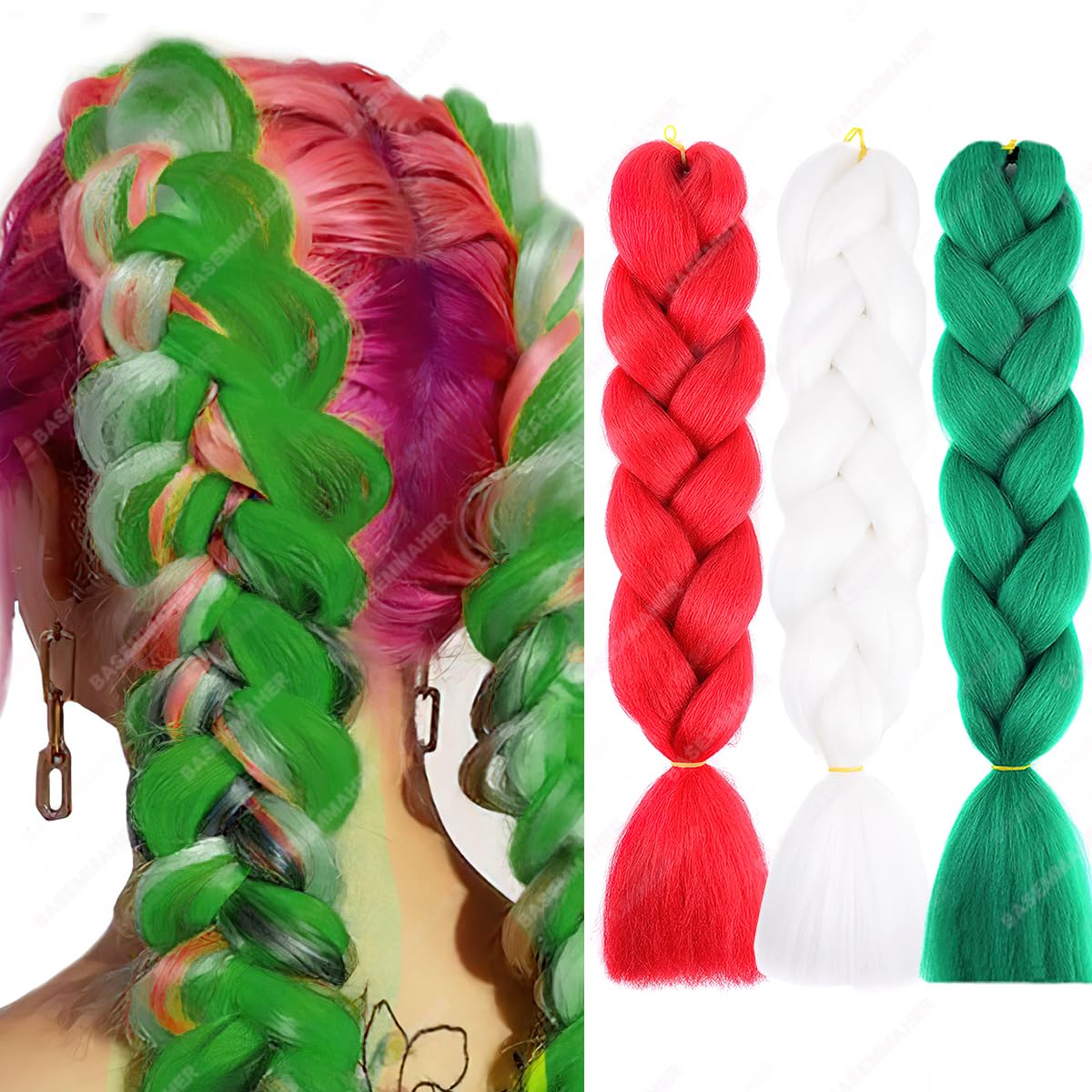 BASEMMAHER Jumbo Braiding Hair Extensions for Women 24 Inch Colored Braid Hair Synthetic Red Green White Braiding Hair Pre Stretched High Temperature Fiber Braids Extensions for Girls braiding