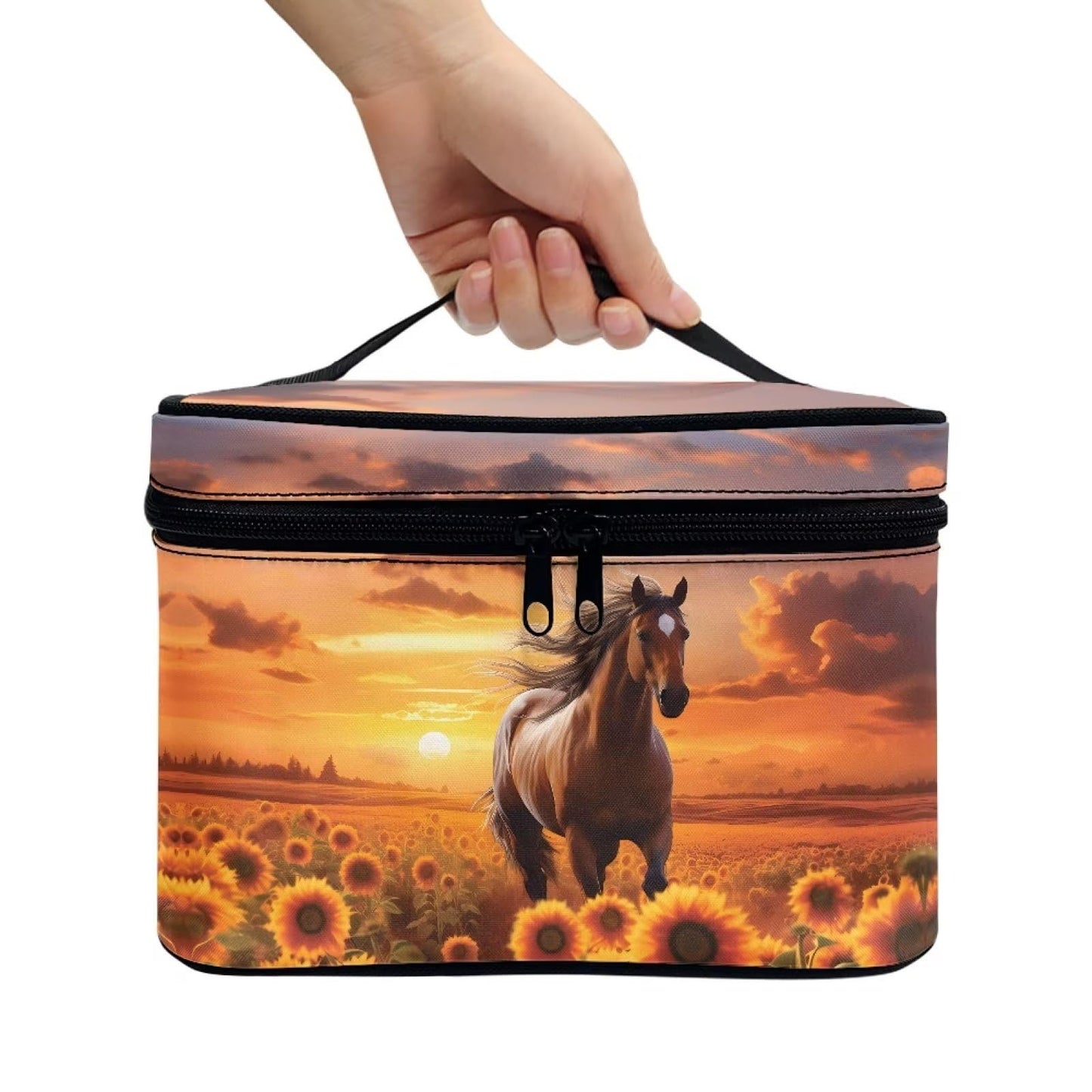 doginthehole Horse Sunset Cosmetic Bag Make Up Travel Bag for Women Sunflower Toiletry Bag Zipper Traveling Organizer Bag Large Portable Cosmetic Brush Bag with Handle