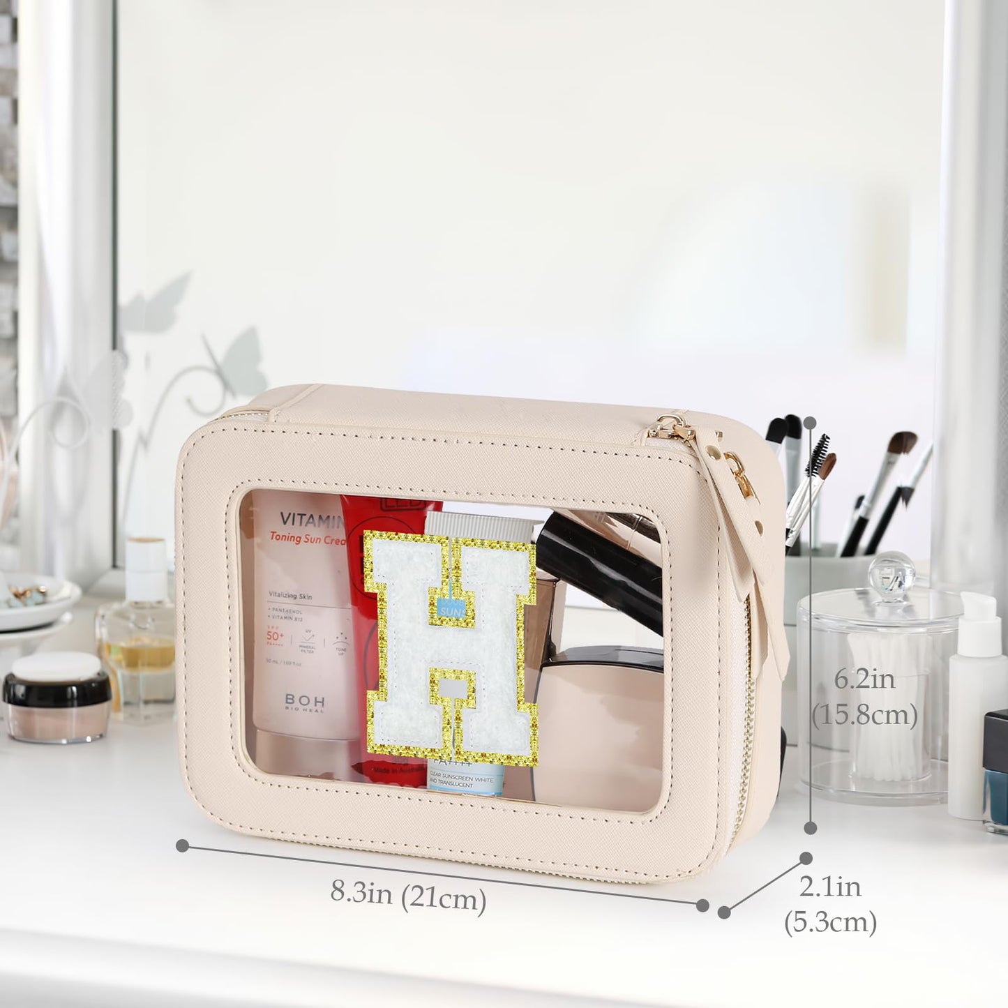 Clear Initial Makeup Bag - Toiletry Cosmetic Bag For Women, Cute Car Accessories & Essentials, And Preppy Makeup Bag For On-The-Go Glam - Gold Zippers Included, With Chenille Letter Decoration(H)