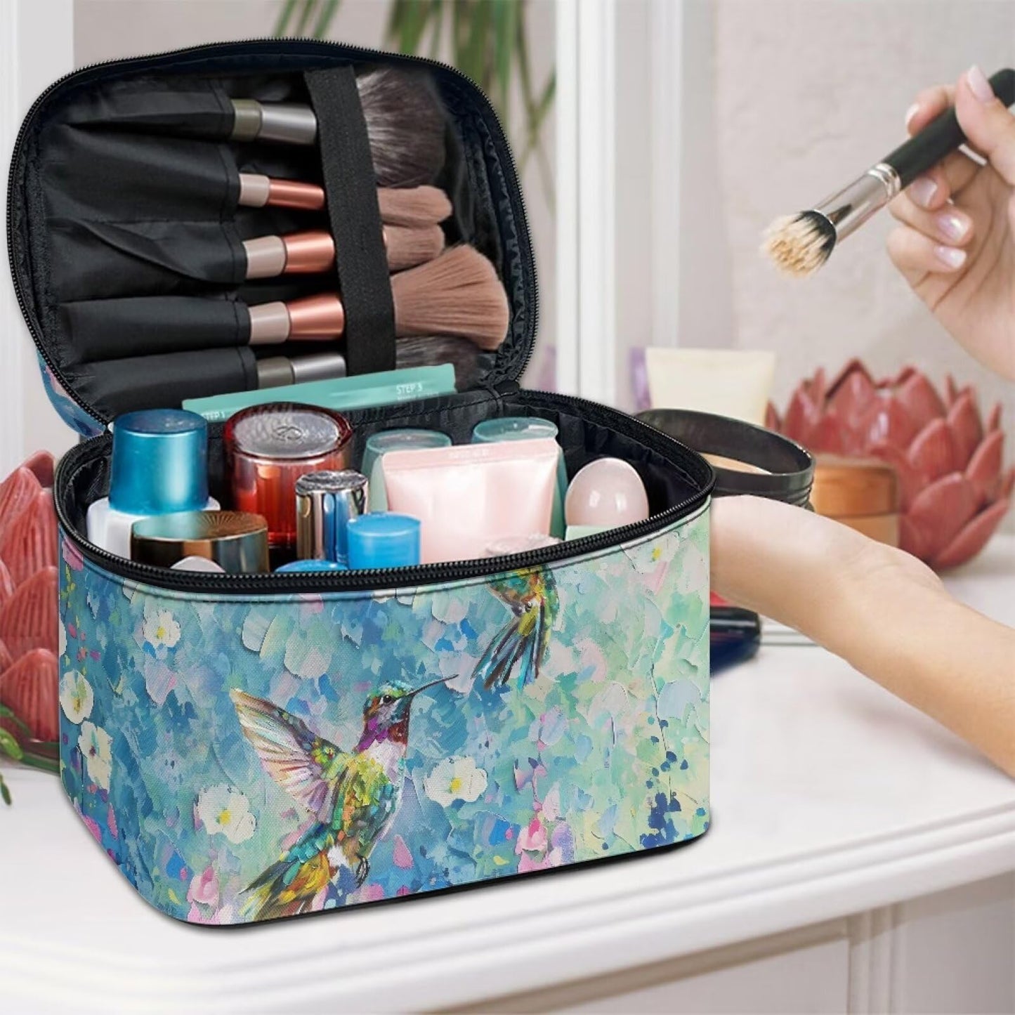 Psaytomey CMakeup Bags for Women Hummingbird Flower Printed Travel Cosmetic Organizer Large Capacity Toiletries Accessories Brush Holder Zipper Case with Top Handle