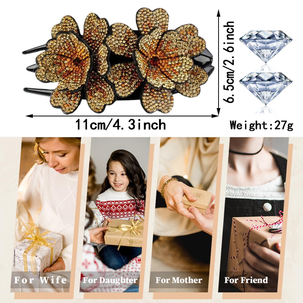 4 Pack of Fancy Crystal Rhinestone Double Flower Duckbill Clip Luxury Blingbling Gems Hair Clips for Women Thick Hair Decorative Non Slip Hair Clips Bun Hair Accessories Elegant Barrettes