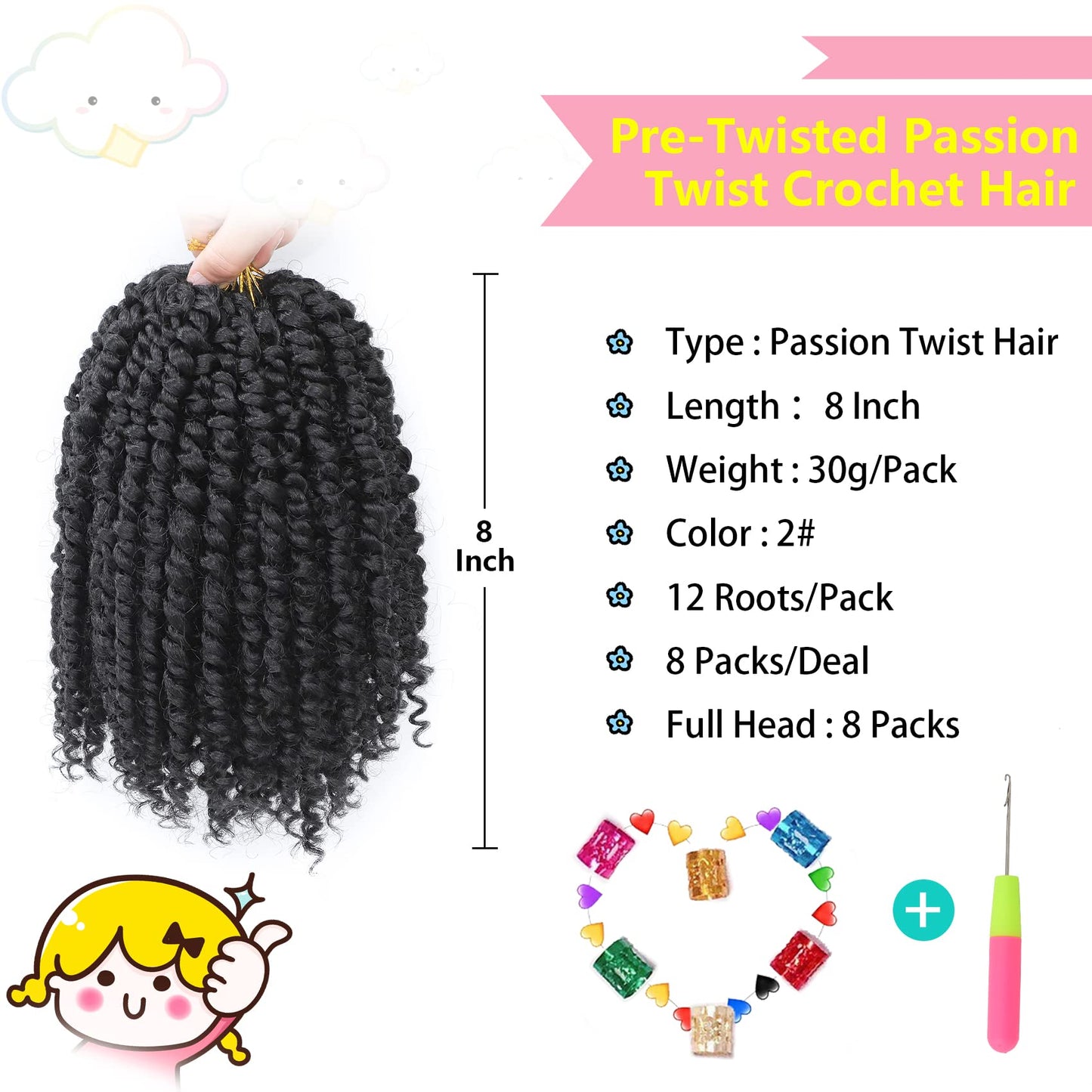 Fulcrum Passion Twist Hair 8 Inch, 8 Packs Passion Twist Crochet Hair for Black Women, Prelooped Crochet Twist Hair with Curly Ends (8Inch, 2#)