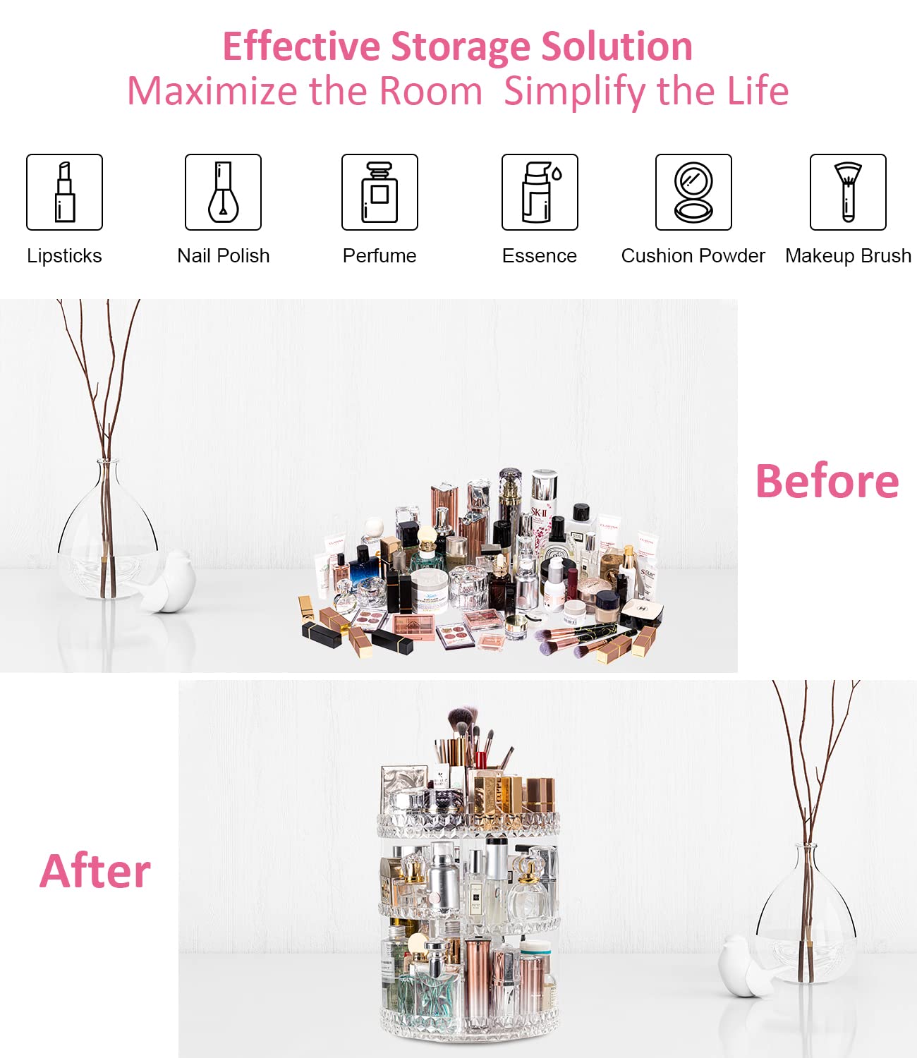 DreamGenius Makeup Organizer, 360 Degree Rotating Perfume Organizer, Adjustable Makeup organizers and storage with 3 Layers, Fits Makeup Brushes Lipsticks and Jewelry, Clear Acrylic