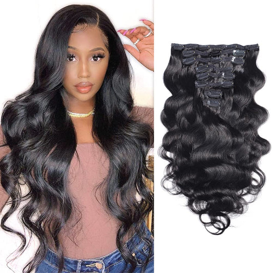 Alisfeel Body Wave Clip In Human Hair Extensions 100% Brazilian Clip In Hair Extensions Real Human Hair 8 pieces 120gram Grade 10A for Thin Hair Natural Black (22", Body Wave)