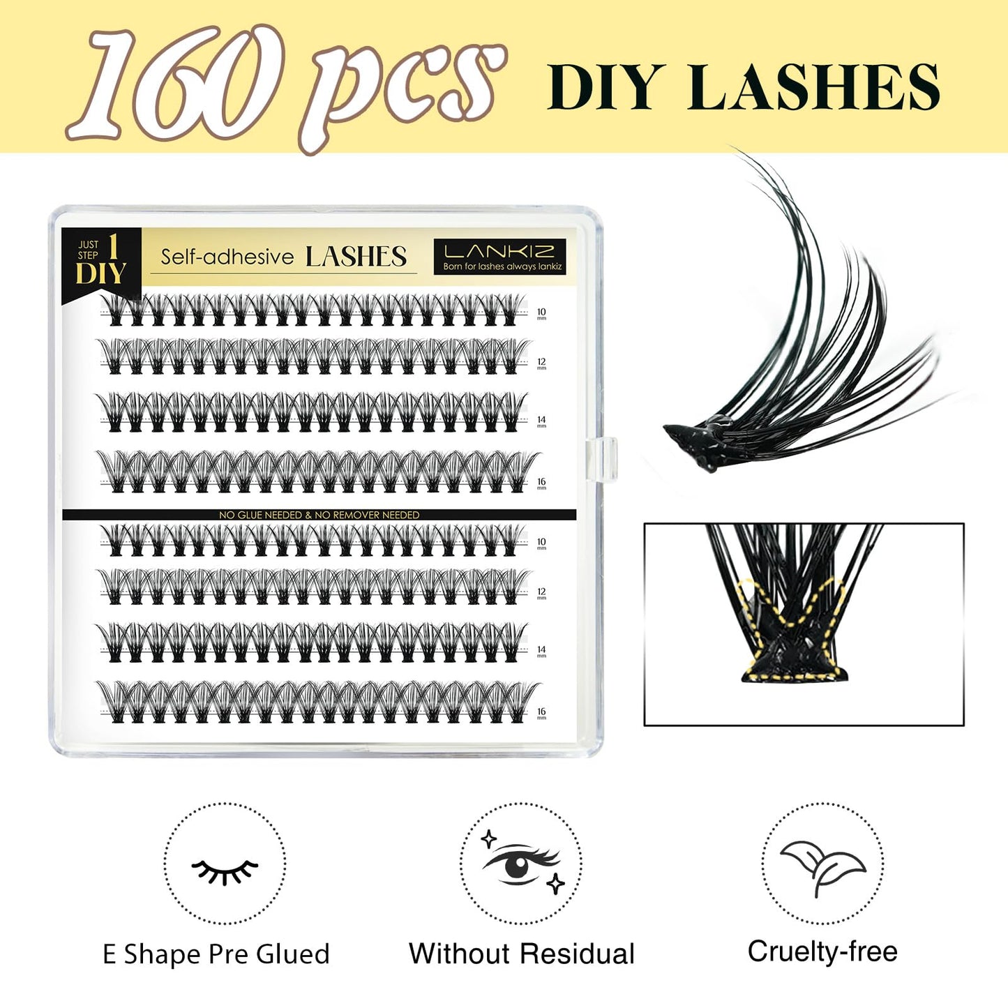 LANKIZ Self Adhesive Lashes Clusters, 160pcs Reusable Self Adhesive Eyelashes, 40D No Glue Individual Lashes, Natural Pre Glued Eyelashes Wispy, DIY Glueless Adhesive Lashes