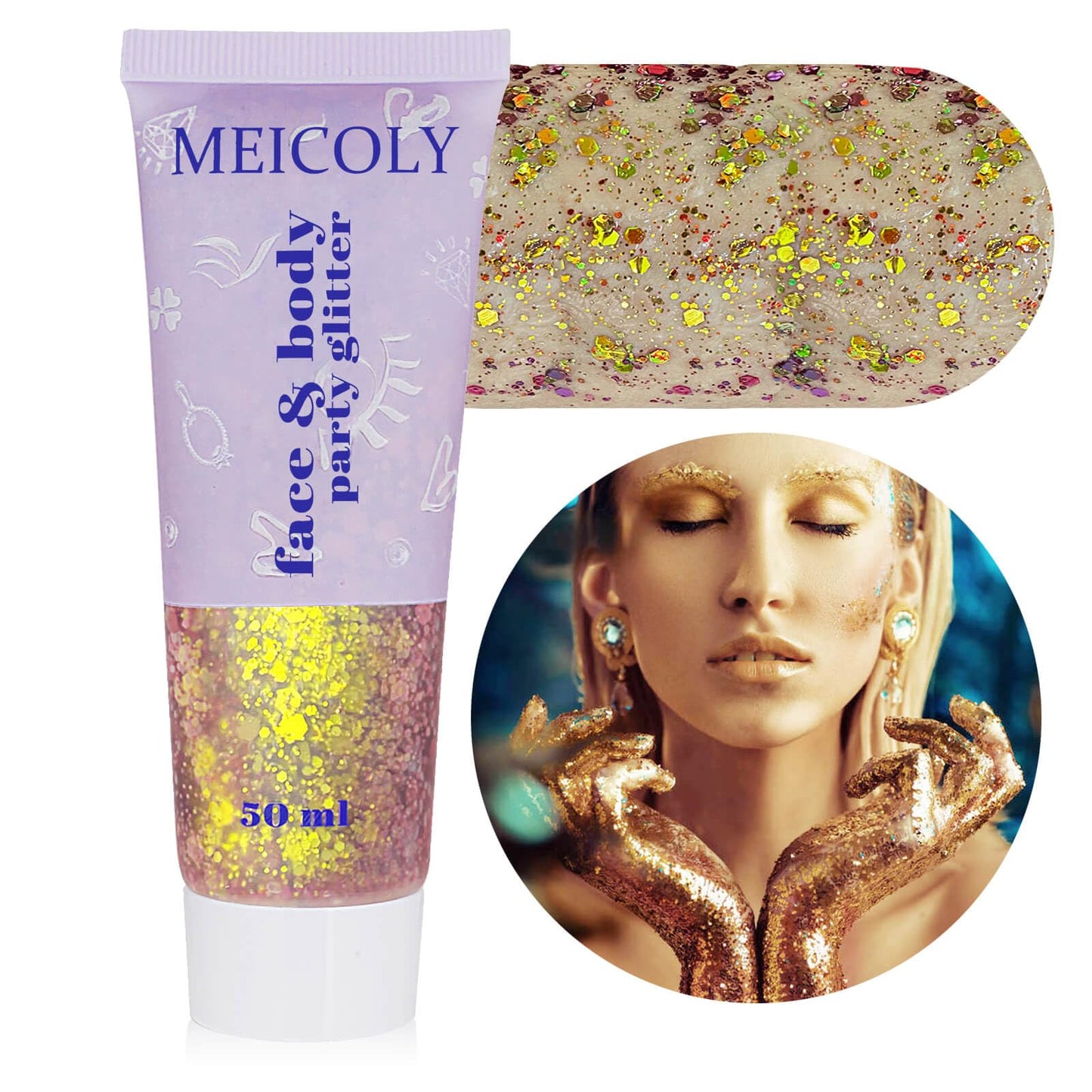 MEICOLY Chameleon Gold Body Glitter,Chunky Glitter Face Paint,Color Changing Mermaid Face Glitter Gel,Holographic Glitter Sequin for Face Body Hair,Halloween Festival Party Glitter Makeup,50ml