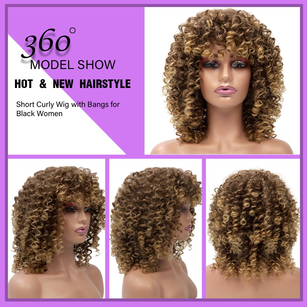 maxknow Curly Wigs for Black Women Fluffy Curly Afro Wig for Women Soft Synthetic Curly Black Wig with Bangs Full Wigs for Women Daily Use (#27H33 Brown Mixed Blonde)