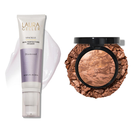 LAURA GELLER NEW YORK Illuminating Duo: Baked Balance-n-Glow Illuminating Foundation, Tan + Spackle Skin-Perfecting Makeup Primer, Diamond