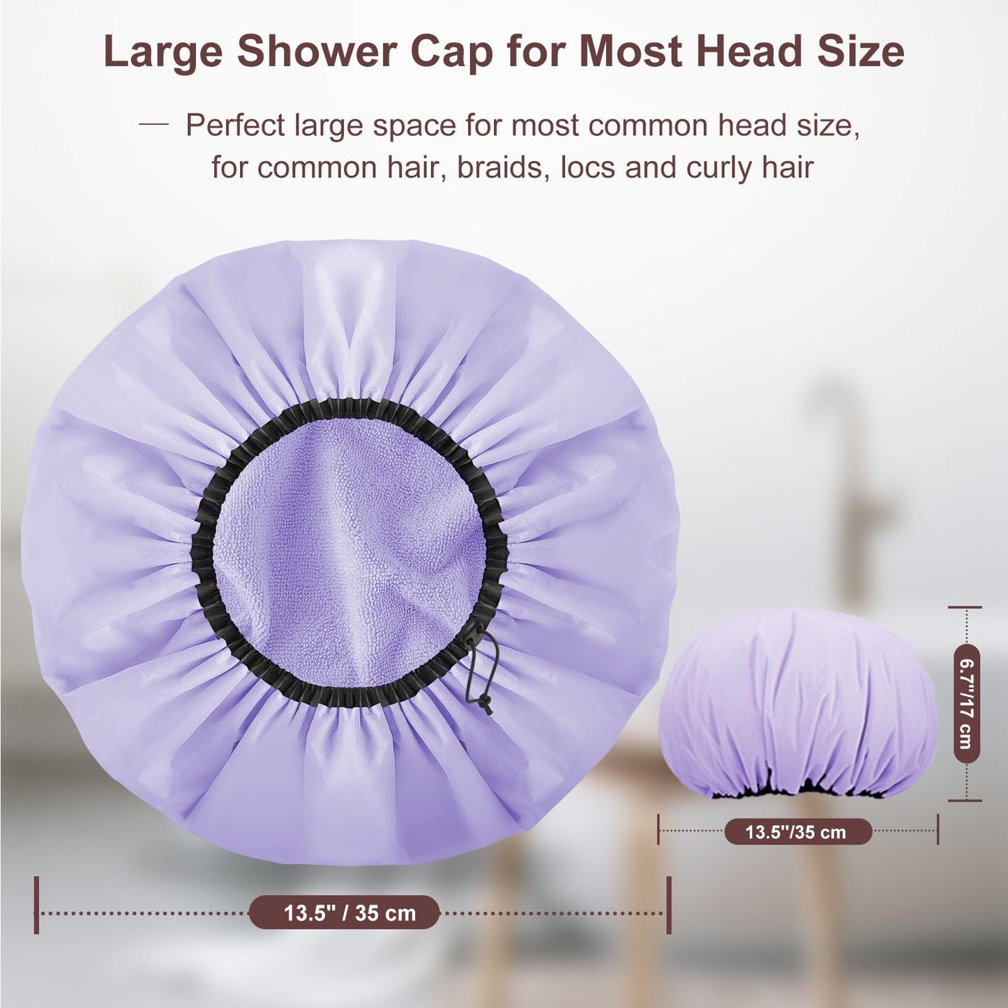 Sheomern 2 Pcs 13.5" Dual Waterproof Design Adjustable Terry Shower Cap for Women and Men, EVA Double Layer Bath Cap Reusable for Braids, Long Hair, Dreadlocks