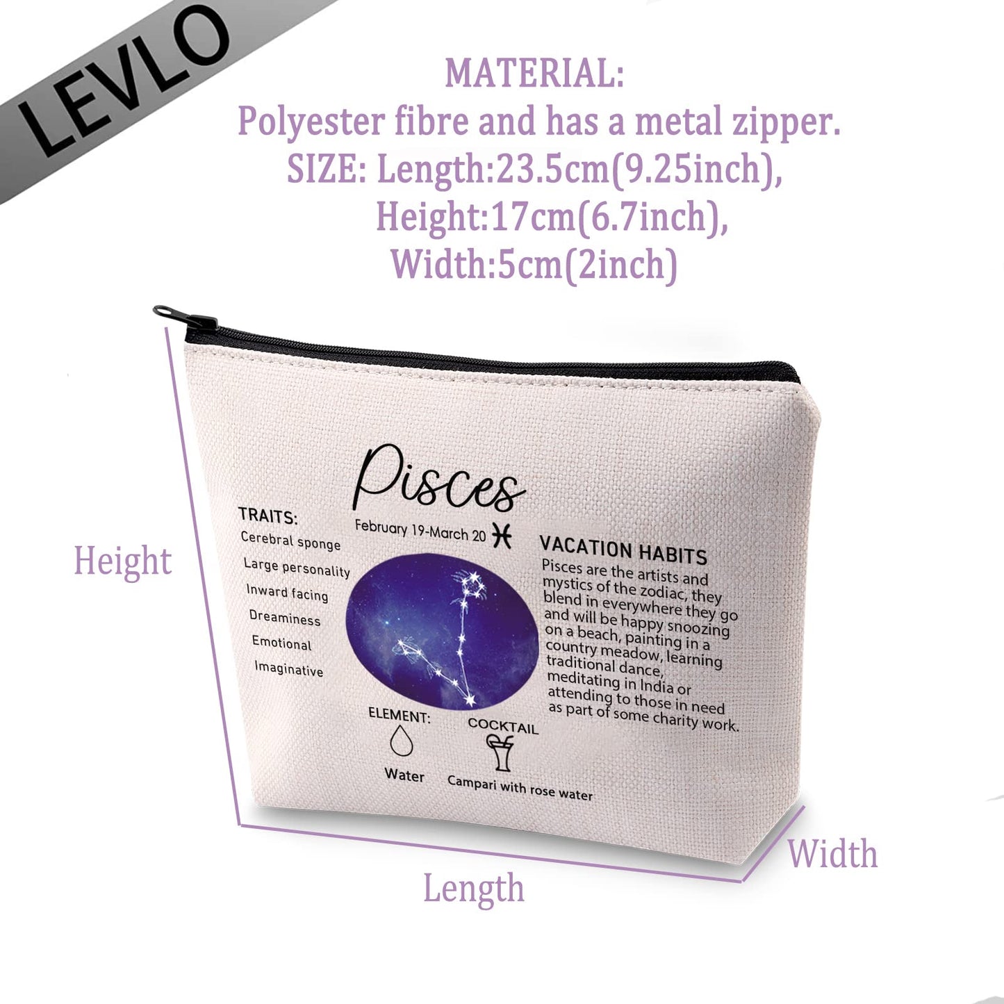 LEVLO 12 Constellation Travel Toiletry Bags 12 Zodiac Cosmetic Makeup Bag Christmas Mother's Day Birthday Gifts(Pisces)