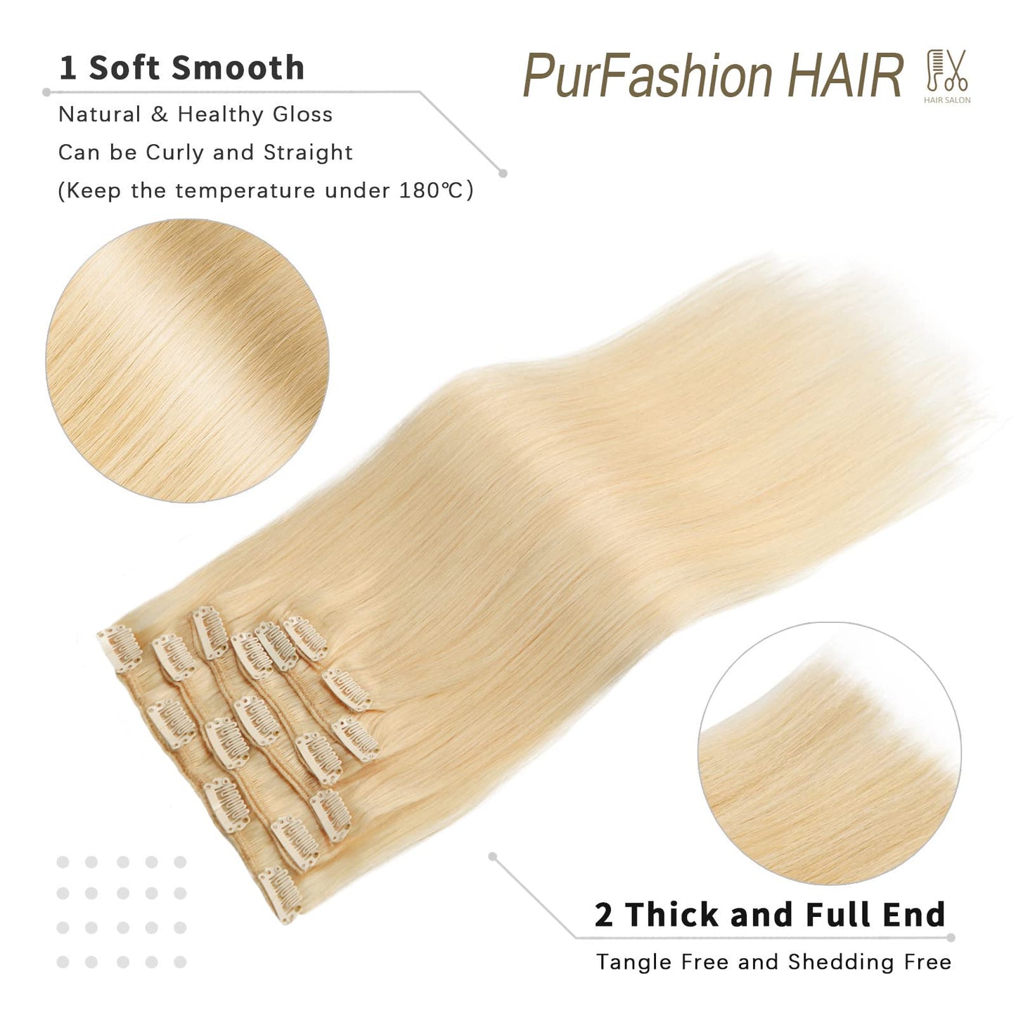 PurFashion Clip in Hair Extensions Human Hair, Color 613 Bleach Blonde Soft Hair Extensions, 70g/package 100% Real Remy Human Hair