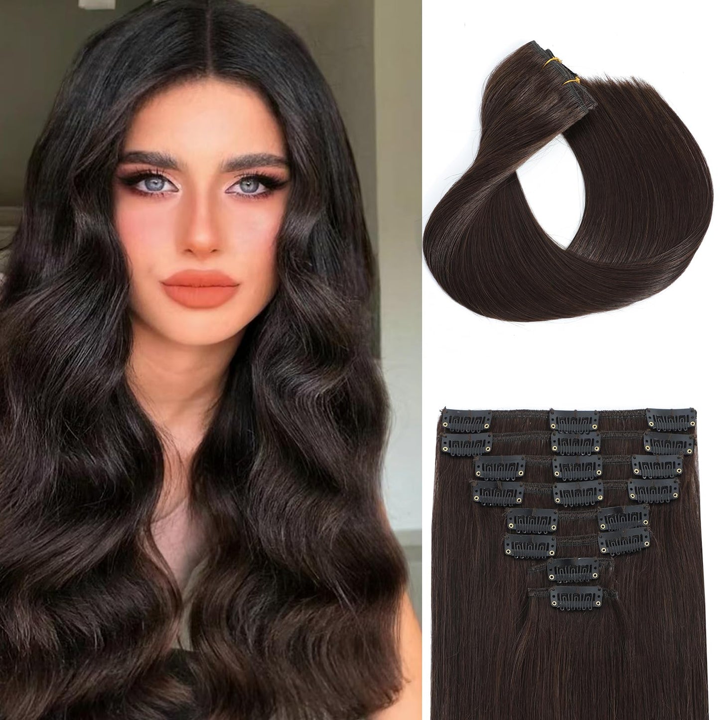 Clip In Human Hair Extensions 100% Remy Virgin Human Hair 70g/pack Double Weft Handmade Straight Soft Hair 8pcs Dark Brown Clip In Hair Extensions Real Human Hair Real Hair Extensions Human Hair