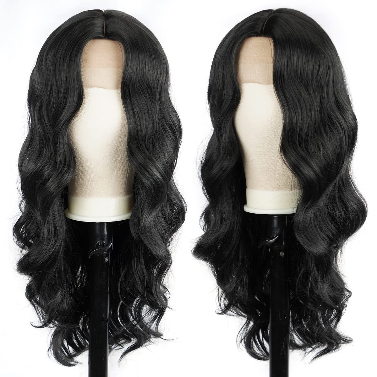 Halcyon Long Black Wavy Wigs for Women 26 inch Synthetic Middle Part Long Black Curly Wig Natural Looking Heat Resistant Fiber Wig for Daily Use