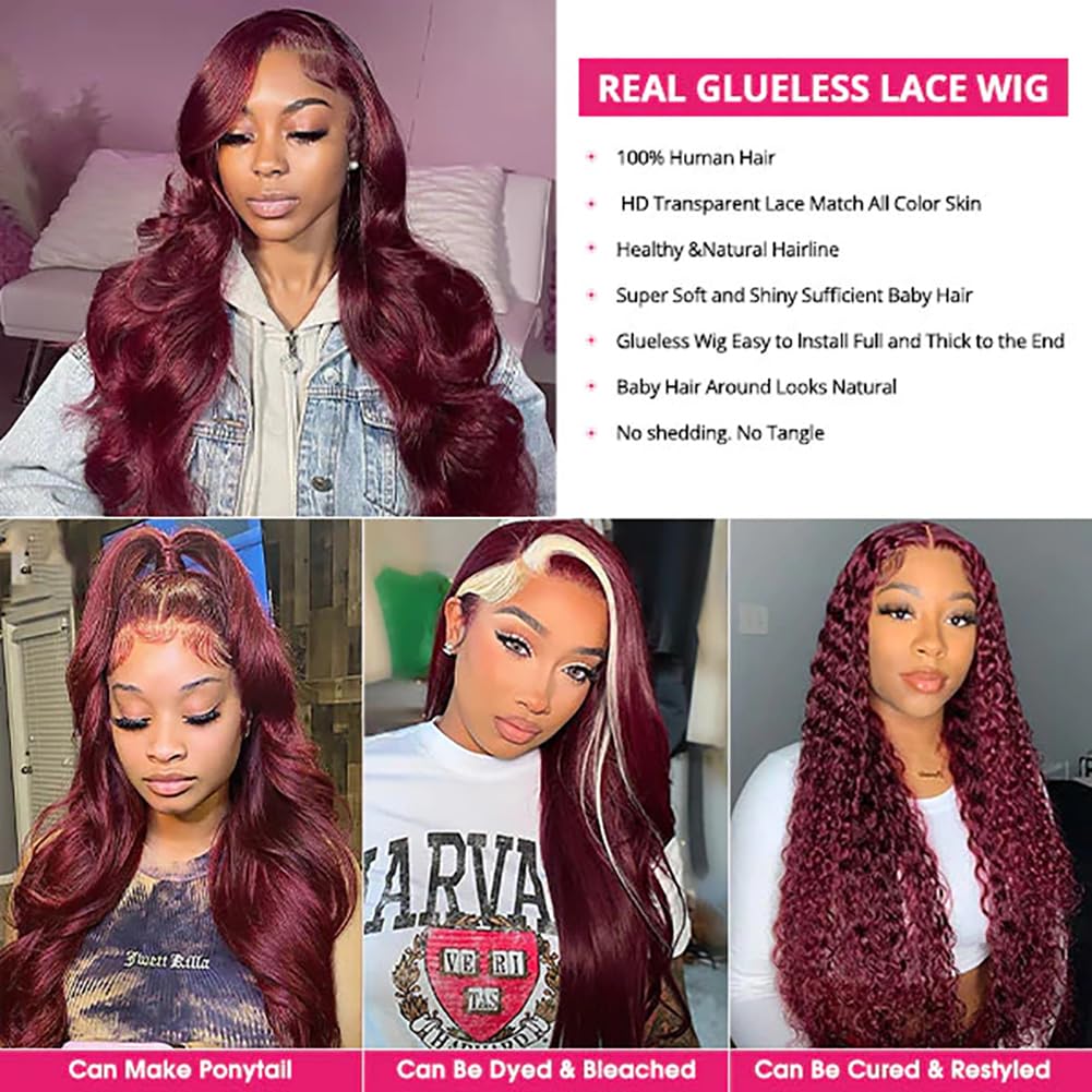 Jewhaut Wear and Go Glueless Wigs Human Hair Pre Plucked Pre Cut for Beginners 99j Burgundy Lace Front Wigs Human Hair Upgraded No Glue 5x5 HD Body Wave Lace Closure Wigs Human Hair for Women 24 Inch