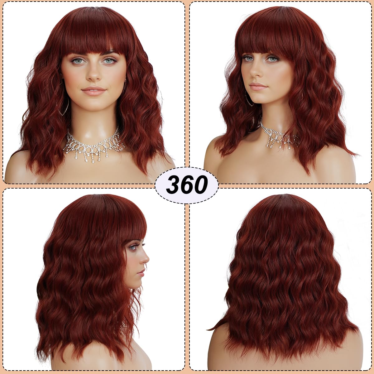 Short Wavy Copper Red Wigs for Women Wig with Bangs Red Color Shoulder Length Bob Wigs Natural Looking Heat Resistant Fiber Wig for Daily Party