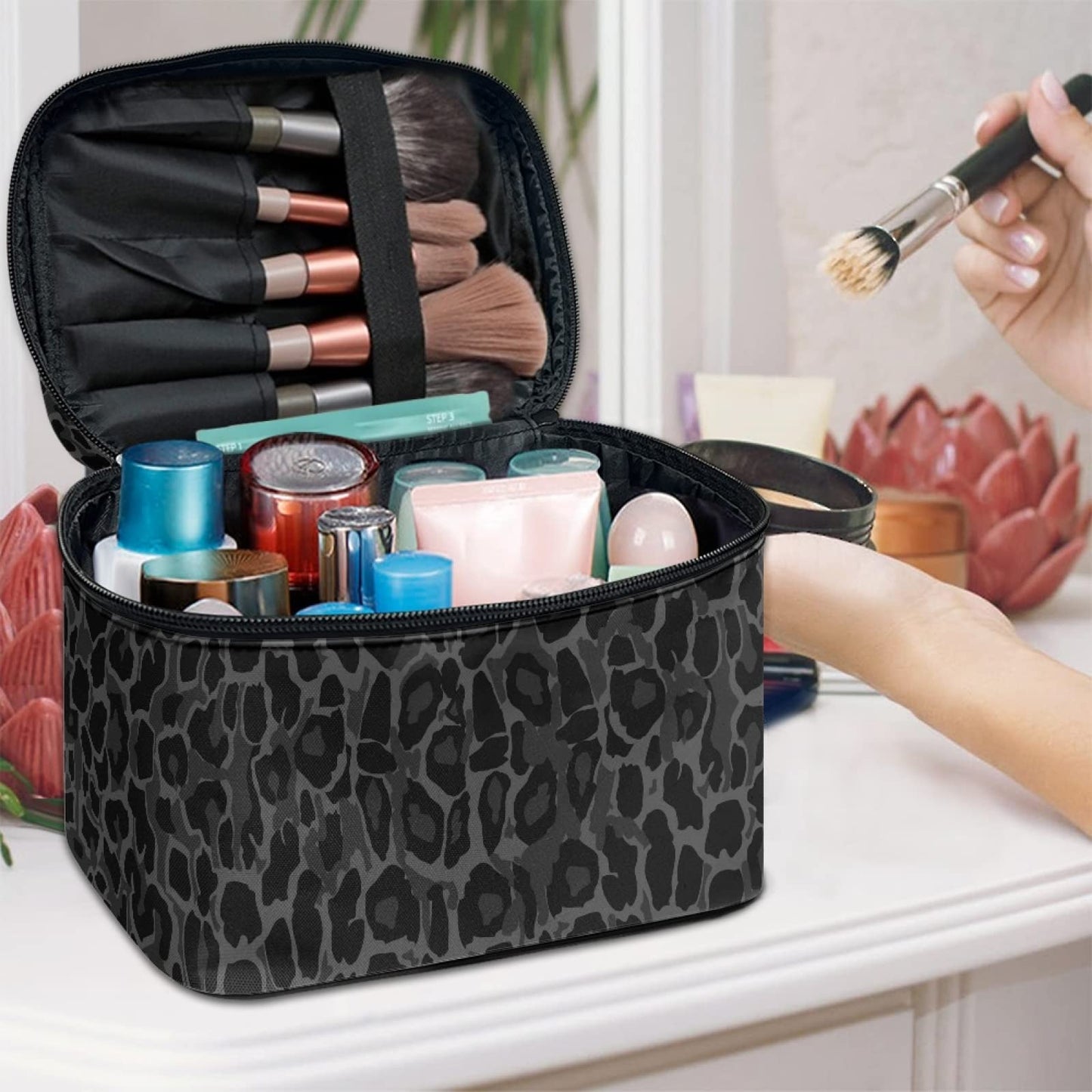 Horeset Black Leopard Print Makeup Bag Cosmetic Organizer Storage Pouch Purse Zipper Toiletry Bag with Handle and Inside Pocket