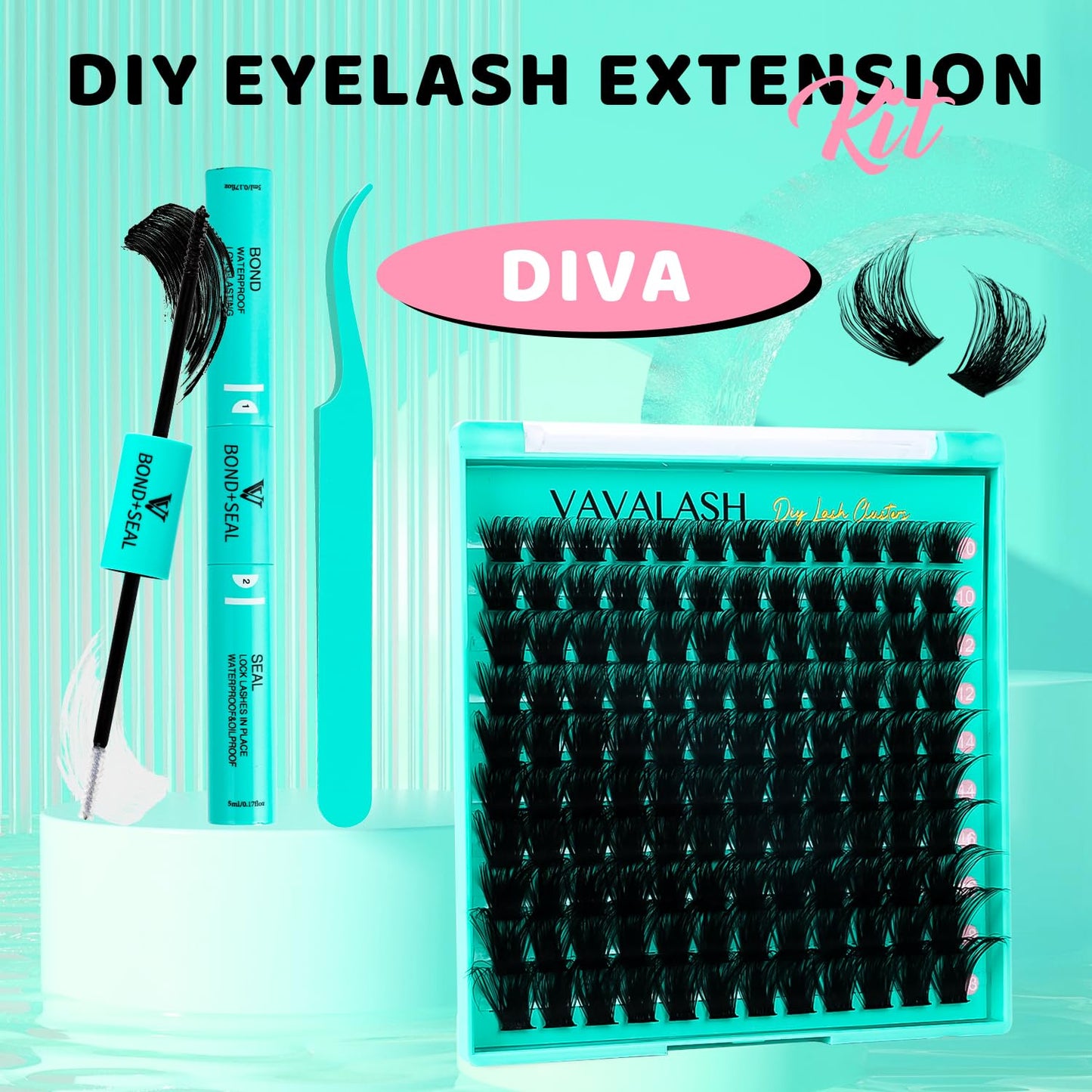 VAVALASH DIY Lash Extension Kit Diva Volume Lash Clusters 10-18mm Magic 088 Cluster Lashes DIY Individual Eyelash Extension Kit with Lash Bond and Seal Glue, Lash Applicator(Diva,10-18MIX)