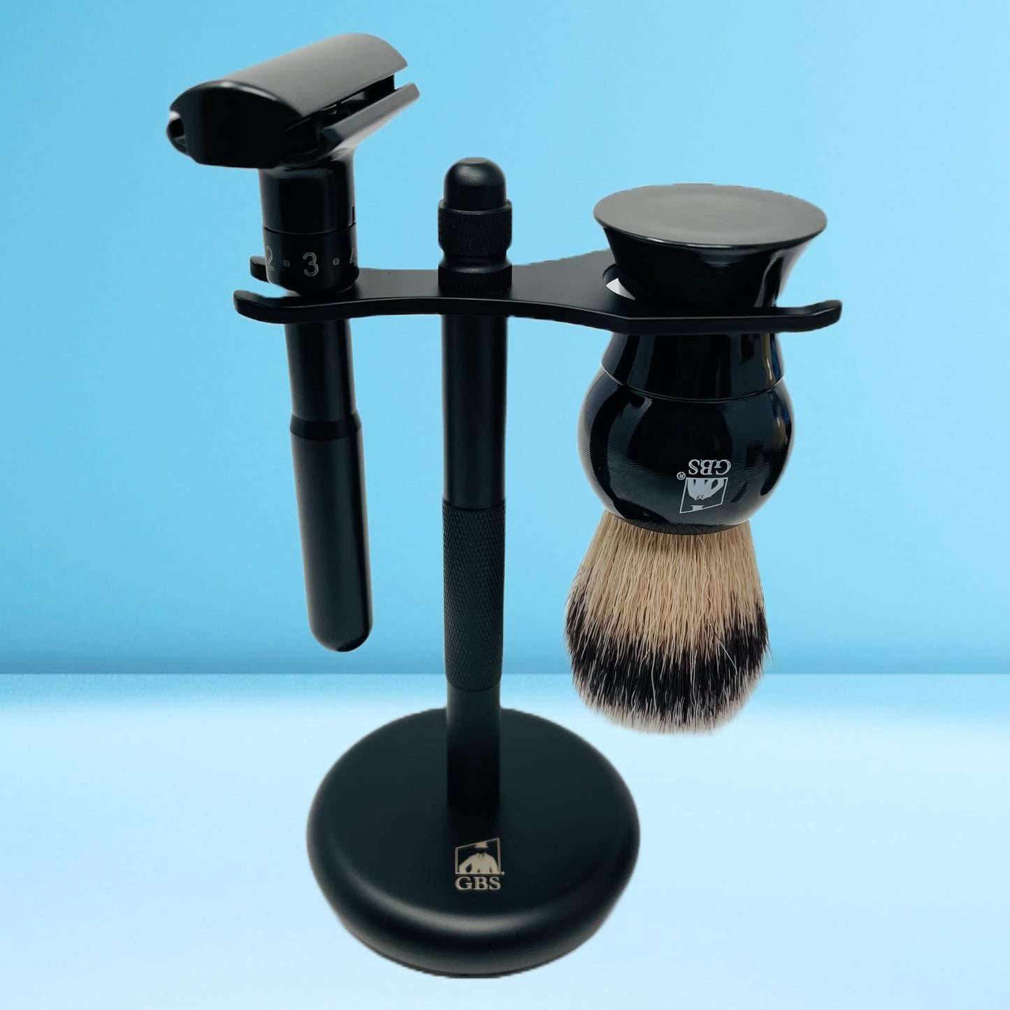 G.B.S Black Adjustable Double Edge Safety Razor and 10 Refill Blades, Shaving Brush, Shaving Soap Mug with Knob Handle, Dual Stand Brush Gift Set for Men