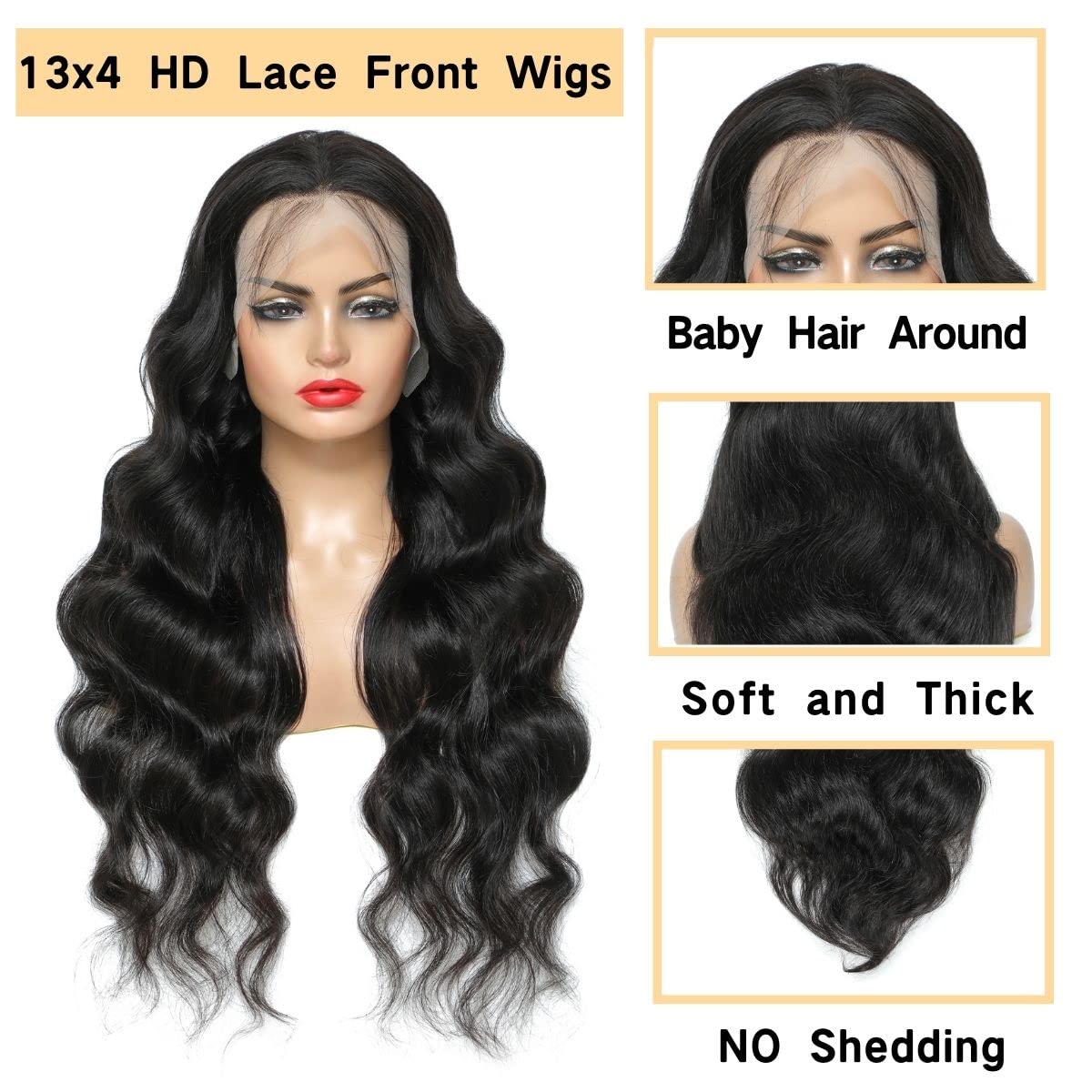 UYGLJK Body Wave Lace Front Wigs Human Hair Pre Plucked 180 Density 18 Inch 13x4 HD Transparent Frontal Glueless Wigs Human Hair with Baby Hair Natural Hairline Human Hair Wigs for Black Women