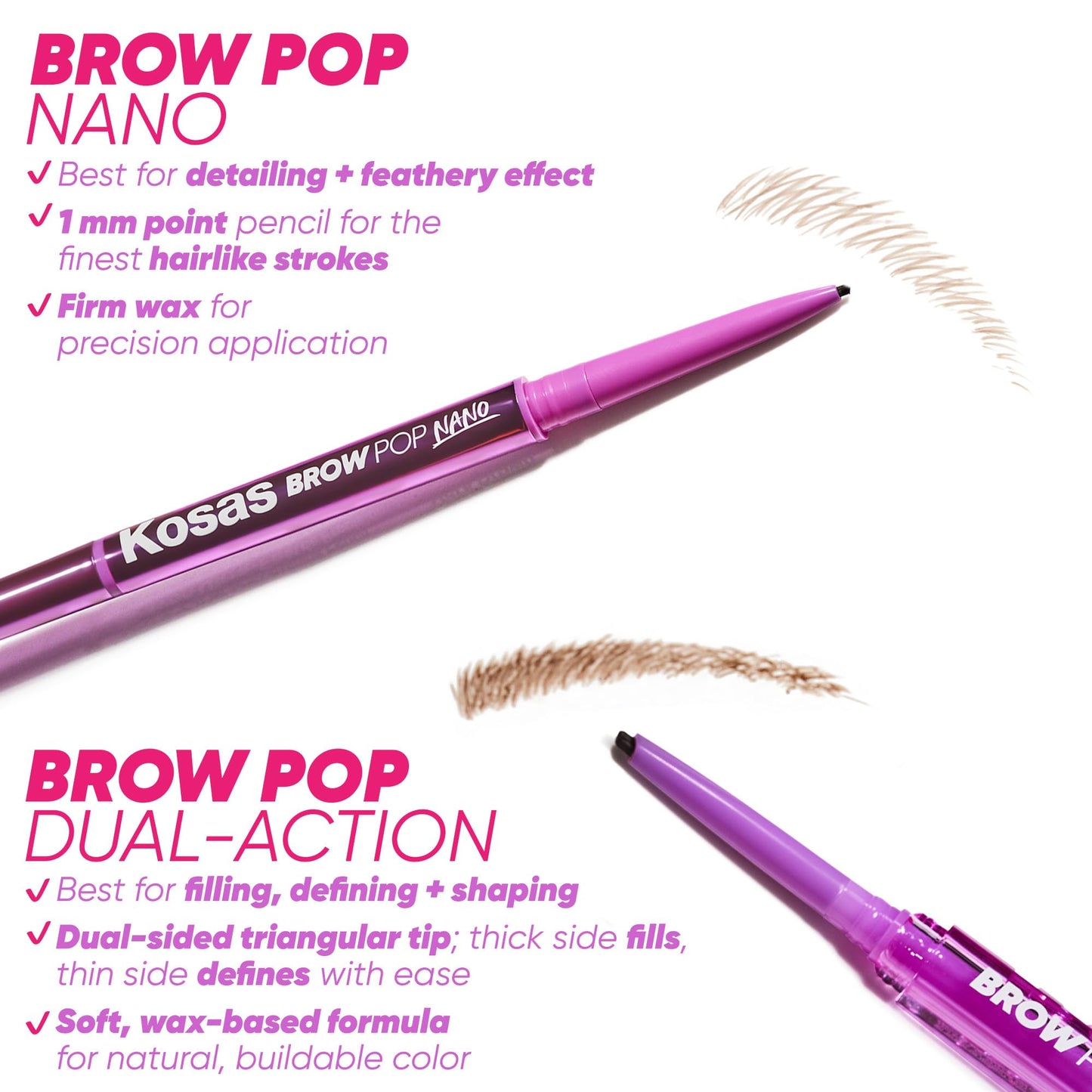 Kosas Brow Pop Nano - Ultra-Fine 1mm Brow Pencil Precision Tip - Natural-Looking Eyebrows with Finest Hairlike Stroke - All Day Wear, Hypoallergenic, Safe for Sensitive Skin - Brown Black