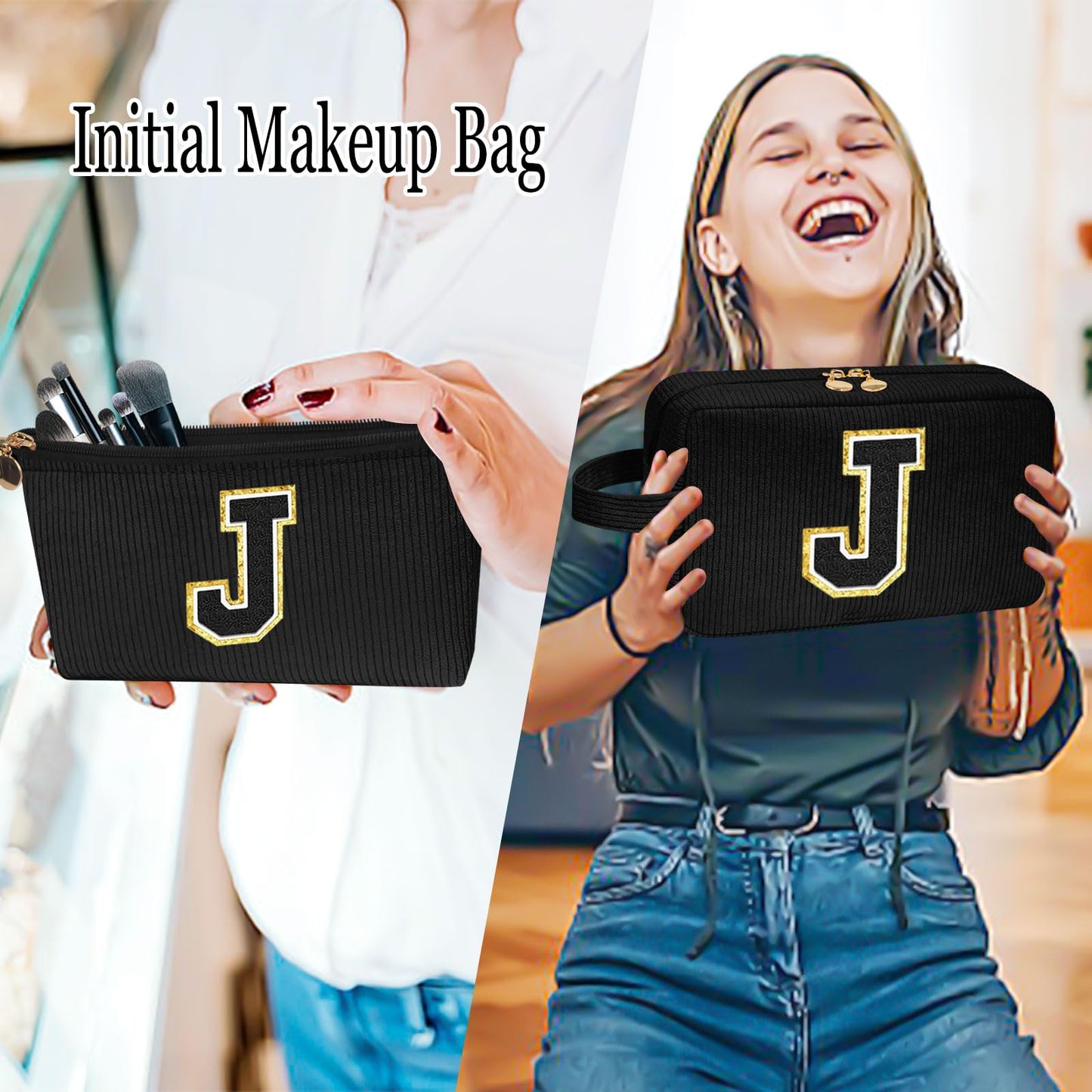 CoolDuffle Initial Makeup Bag Cosmetic Bags for Women Gifts for Women Makeup Bag, Small Makeup Pouch Travel Cosmetic Bag Makeup Brush Bag Toiletry Bag Initial Makeup Bag Cute Makeup Bag Black J