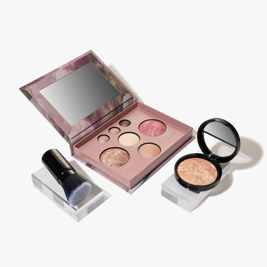 LAURA GELLER NEW YORK Baked Starter Kit: Baked Balance-n-Brighten Powder Foundation, Light+ Best of the Best Palette Blush Bronzer Highlighter Eyeshadow + Retractable Kabuki Brush