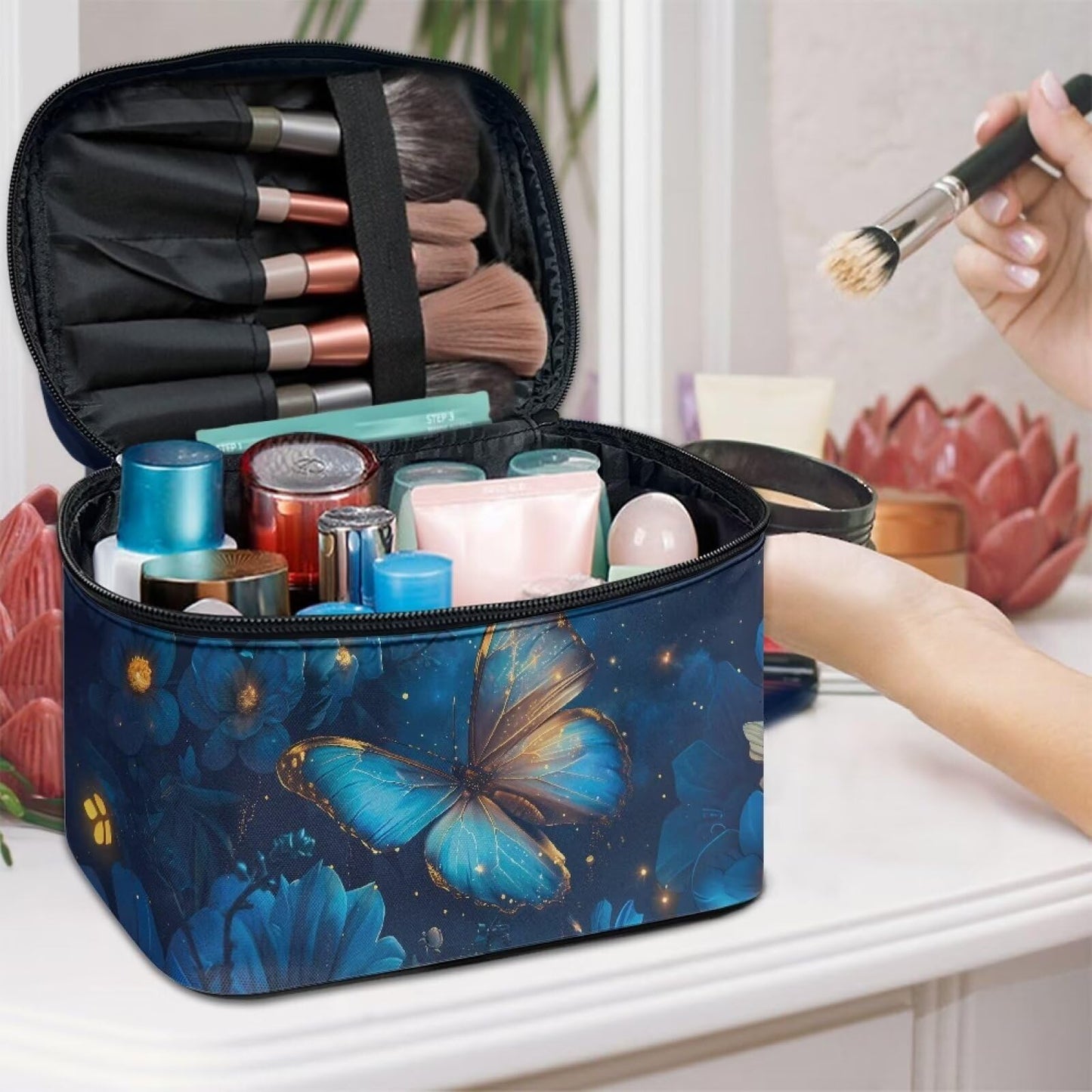 Biyejit Toiletry Bag for Women Protable Travel Makeup Bag Organizer Cosmetics Bag for Travel Large Capacity Essentials Accessories Cosmetics, Blue Butterfly Floral