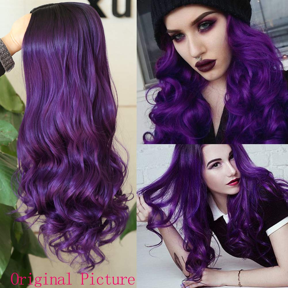 Fancy Hair Ombre Wig Purple Wigs Long Curly Wavy Hair Wigs Heat Resistant 2 Tones Dark Roots Synthetic Wigs for Black Women Daily Party Cosplay